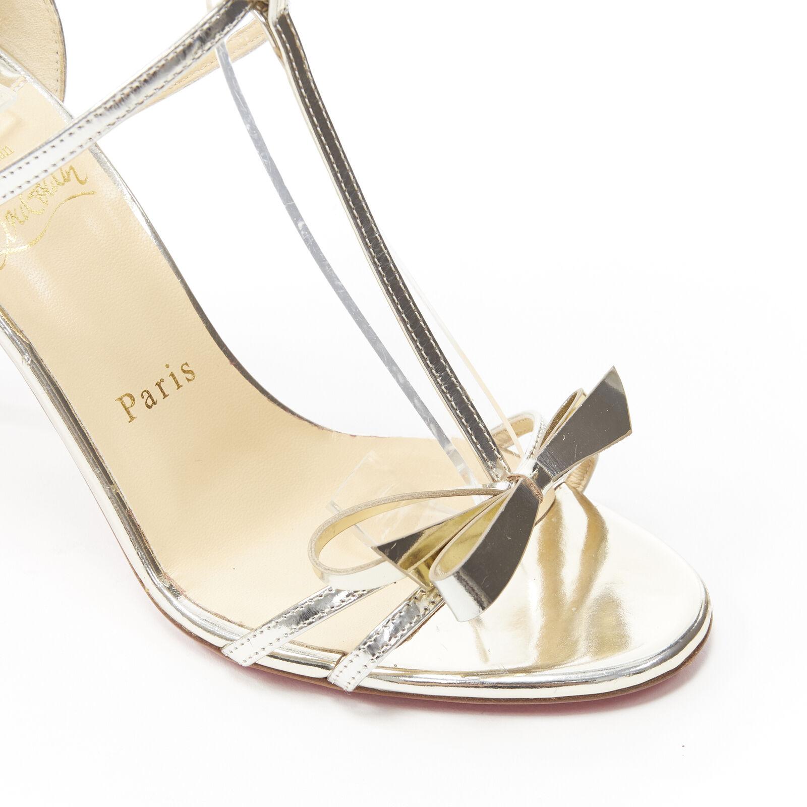 new CHRISTIAN LOUBOUTIN Blakissima metallic silver bow t-strap sandals EU37.5 For Sale 3