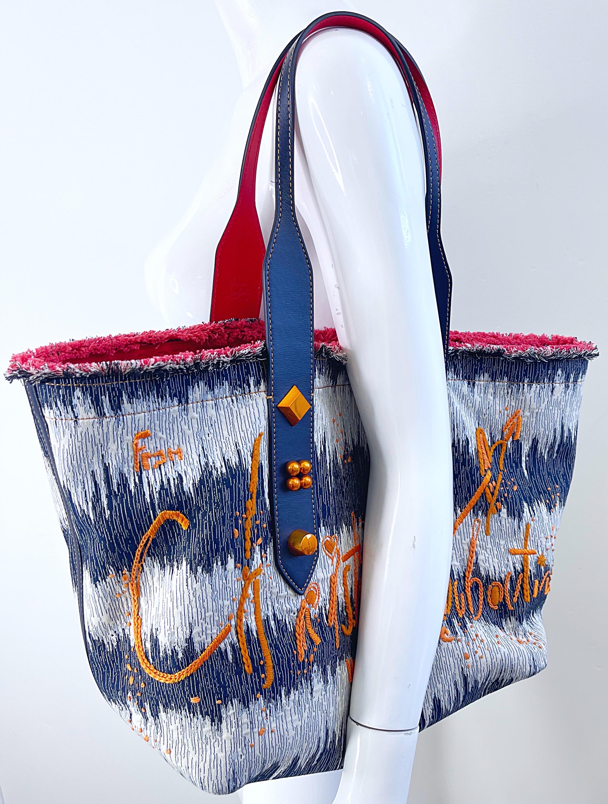 New Christian Louboutin Blue Jean Denim + White Studded Large Shoulder Tote Bag For Sale 5
