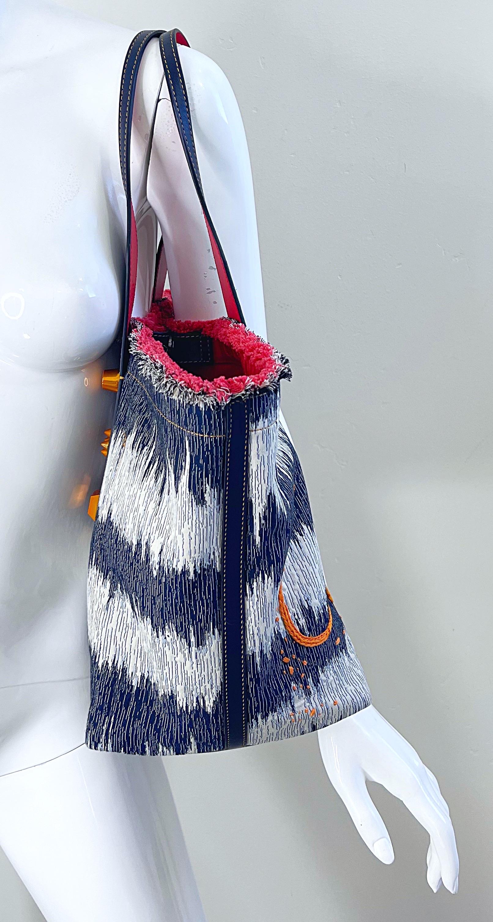 New Christian Louboutin Blue Jean Denim + White Studded Large Shoulder Tote Bag For Sale 8