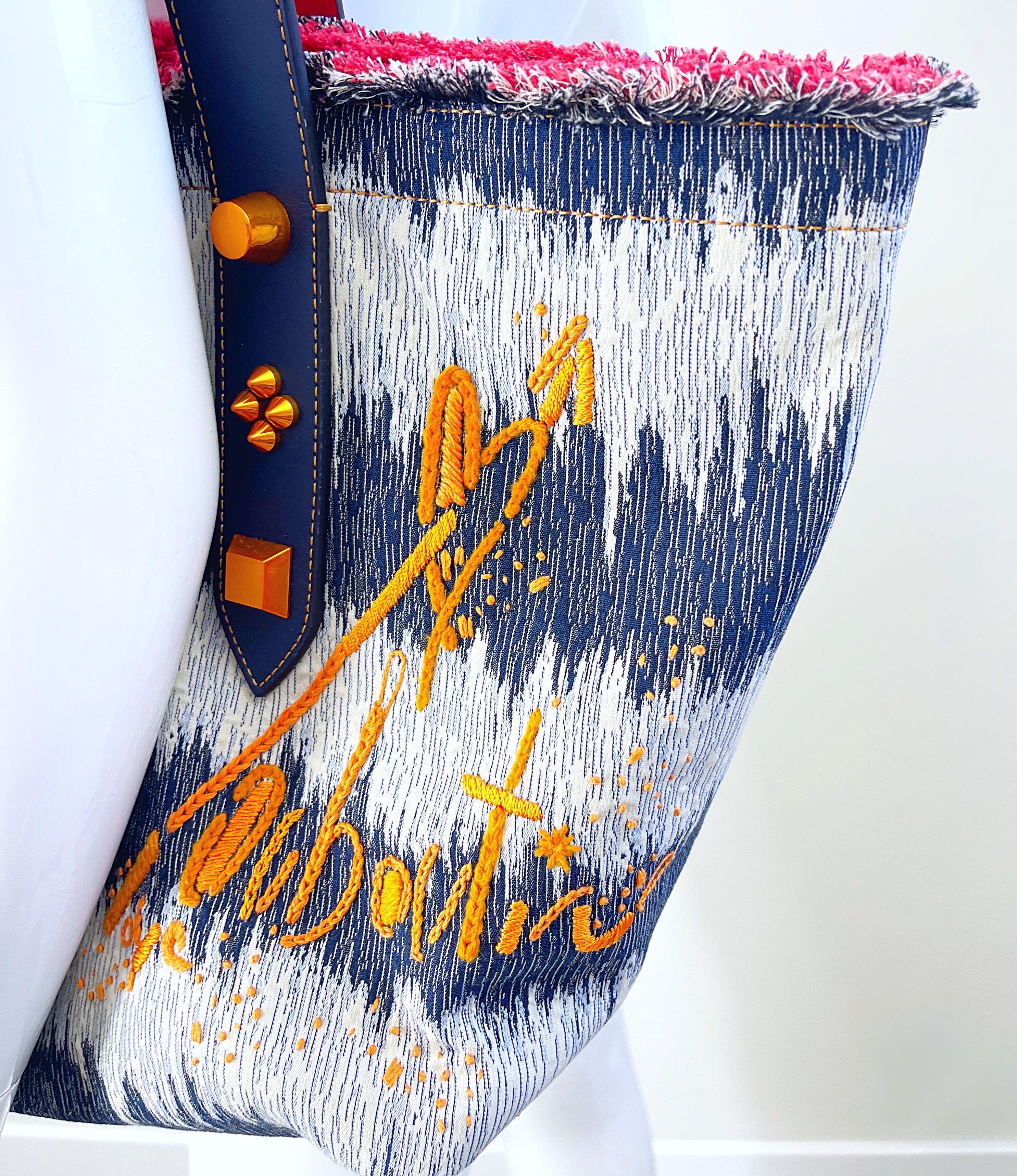 New Christian Louboutin Blue Jean Denim + White Studded Large Shoulder Tote Bag For Sale 9