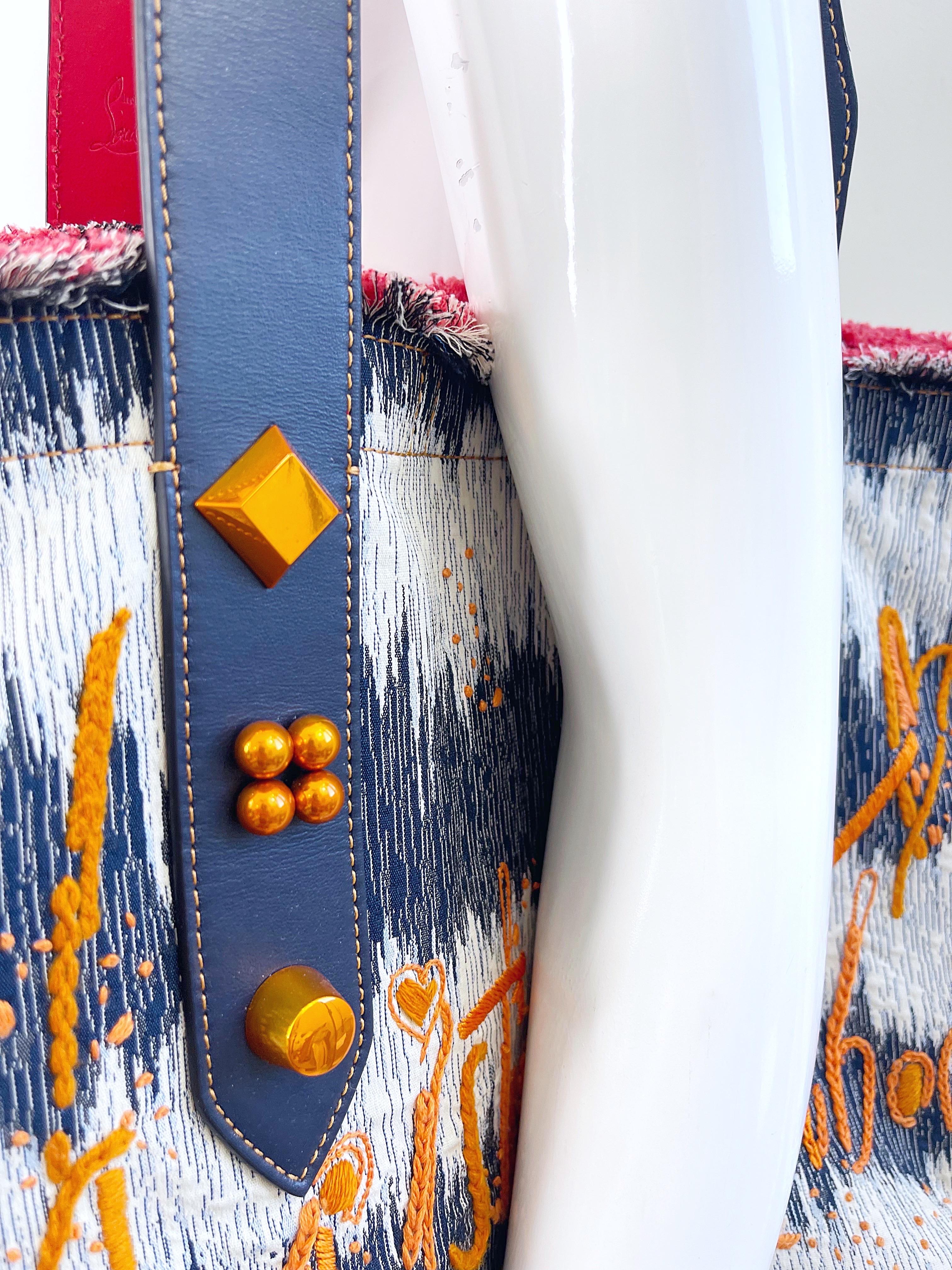 New Christian Louboutin Blue Jean Denim + White Studded Large Shoulder Tote Bag For Sale 10