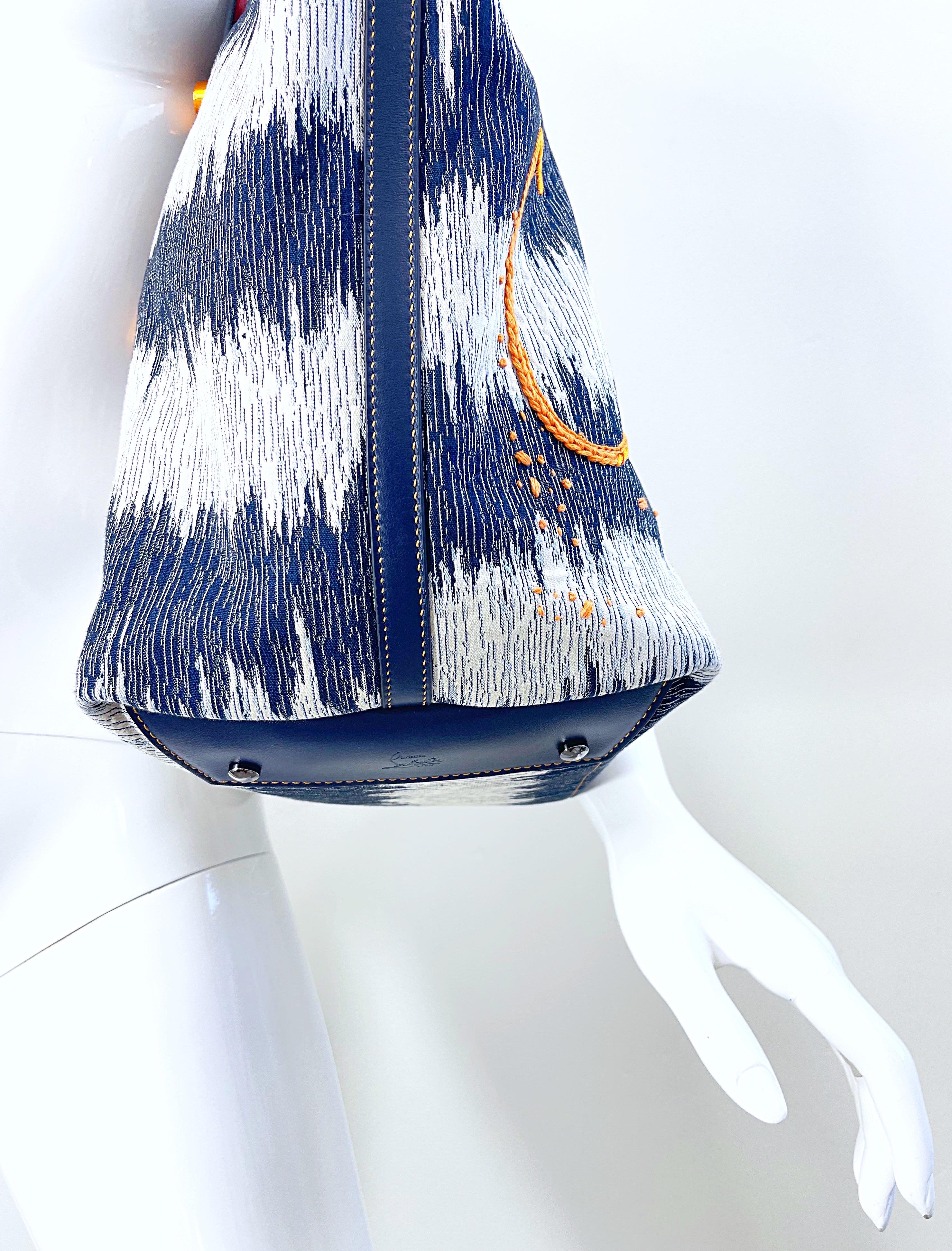 New Christian Louboutin Blue Jean Denim + White Studded Large Shoulder Tote Bag For Sale 11