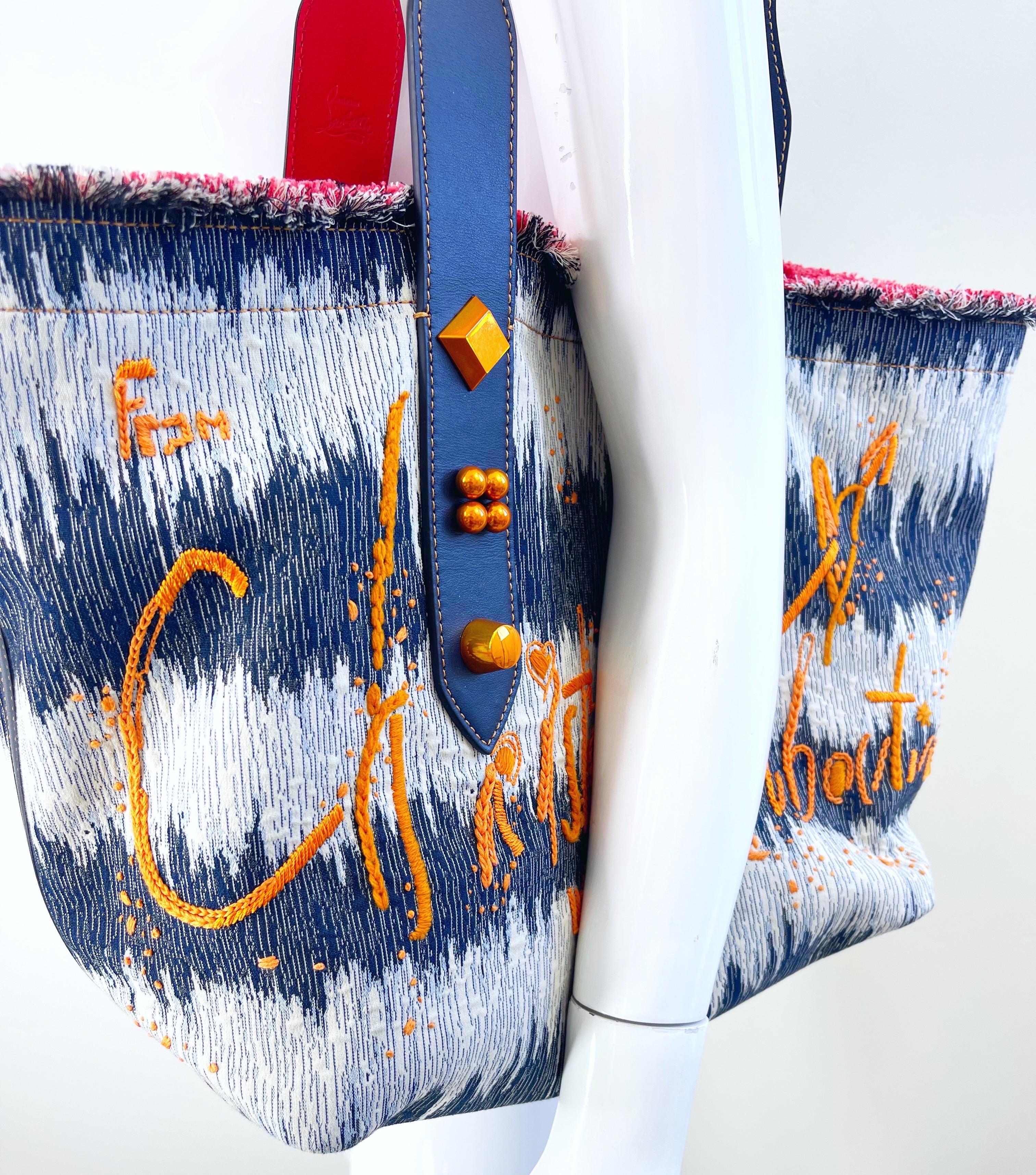 New Christian Louboutin Blue Jean Denim + White Studded Large Shoulder Tote Bag For Sale 12