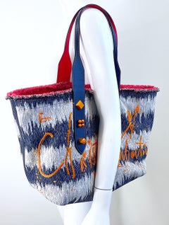 New Christian Louboutin Blue Jean Denim + White Studded Large Shoulder Tote Bag
