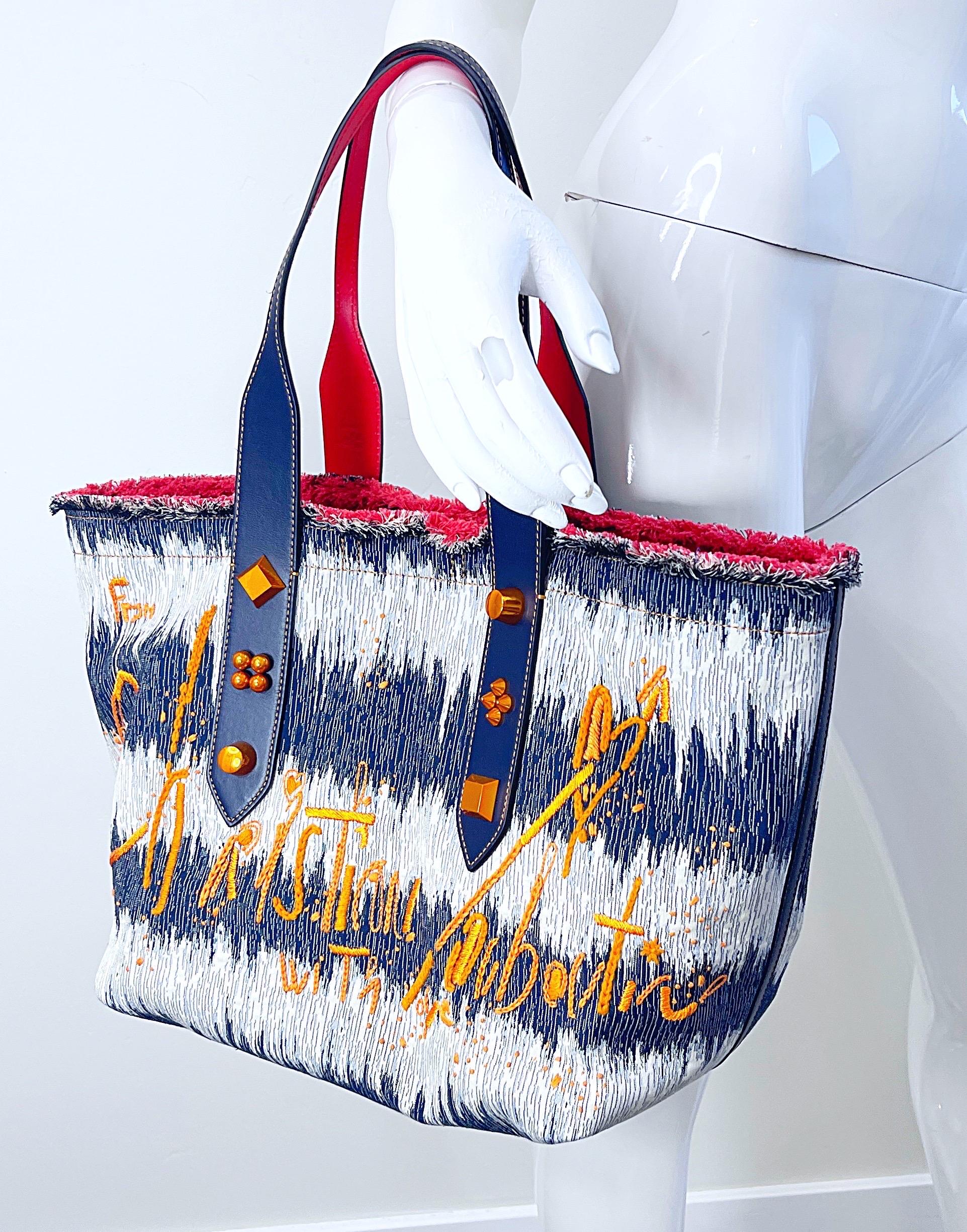 New Christian Louboutin Blue Jean Denim + White Studded Large Shoulder Tote Bag In New Condition For Sale In San Diego, CA