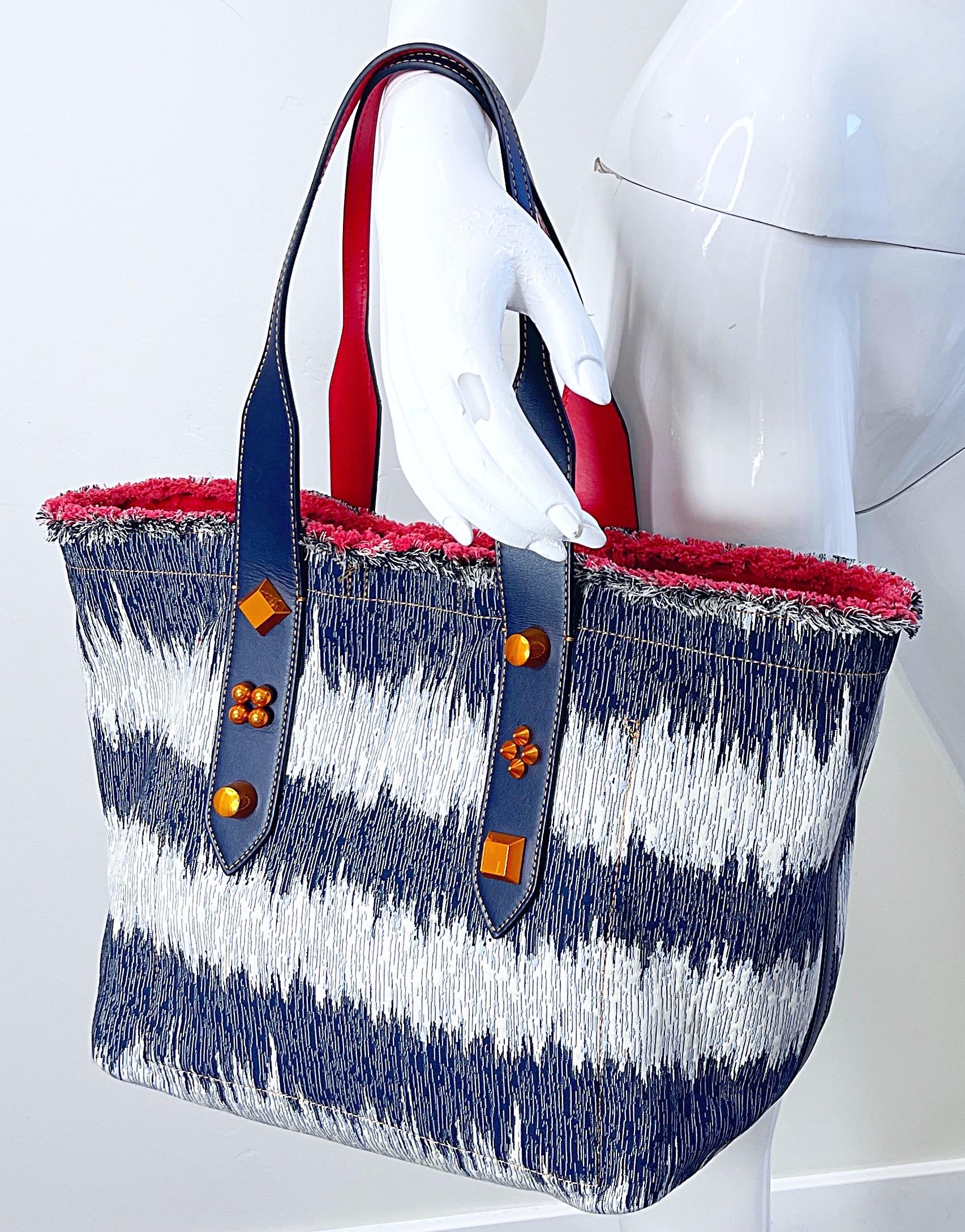New Christian Louboutin Blue Jean Denim + White Studded Large Shoulder Tote Bag For Sale 1