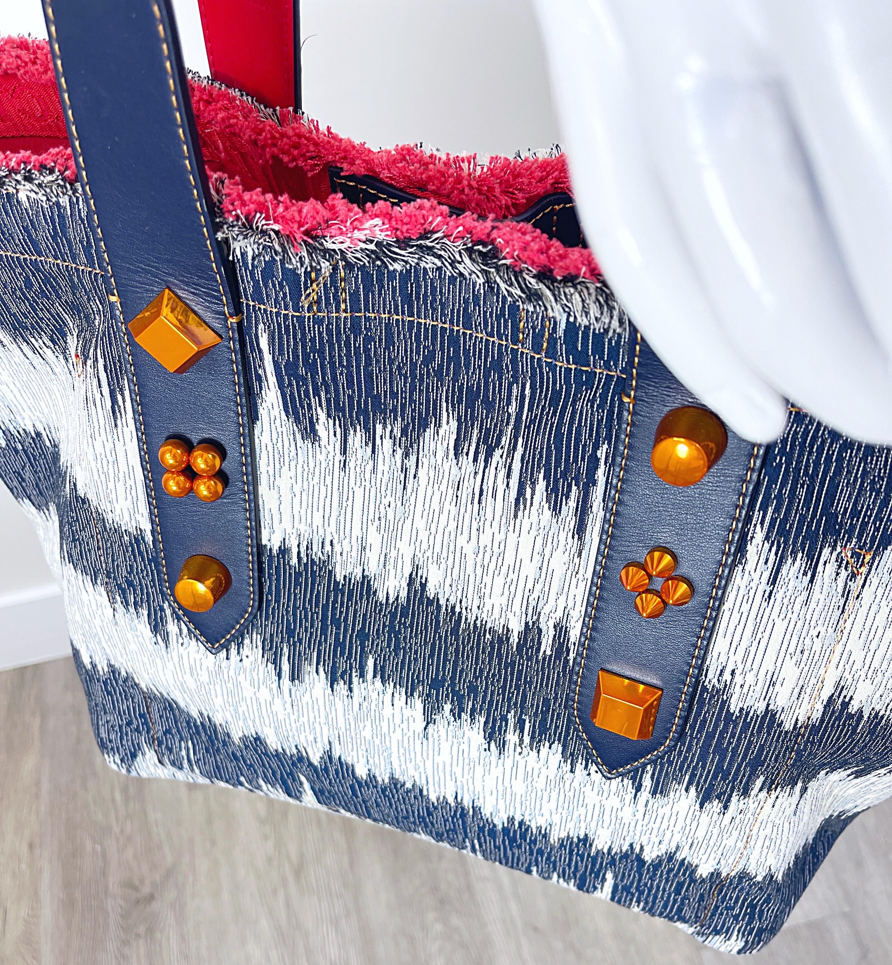 New Christian Louboutin Blue Jean Denim + White Studded Large Shoulder Tote Bag For Sale 2