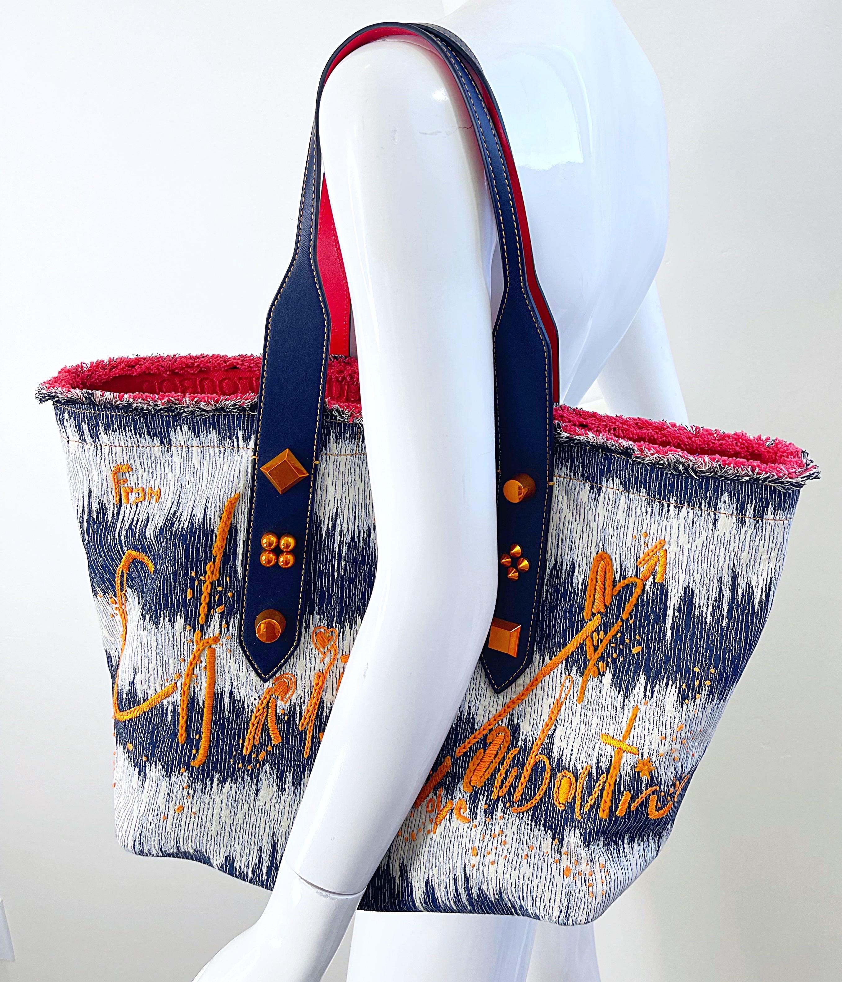 New Christian Louboutin Blue Jean Denim + White Studded Large Shoulder Tote Bag For Sale 3