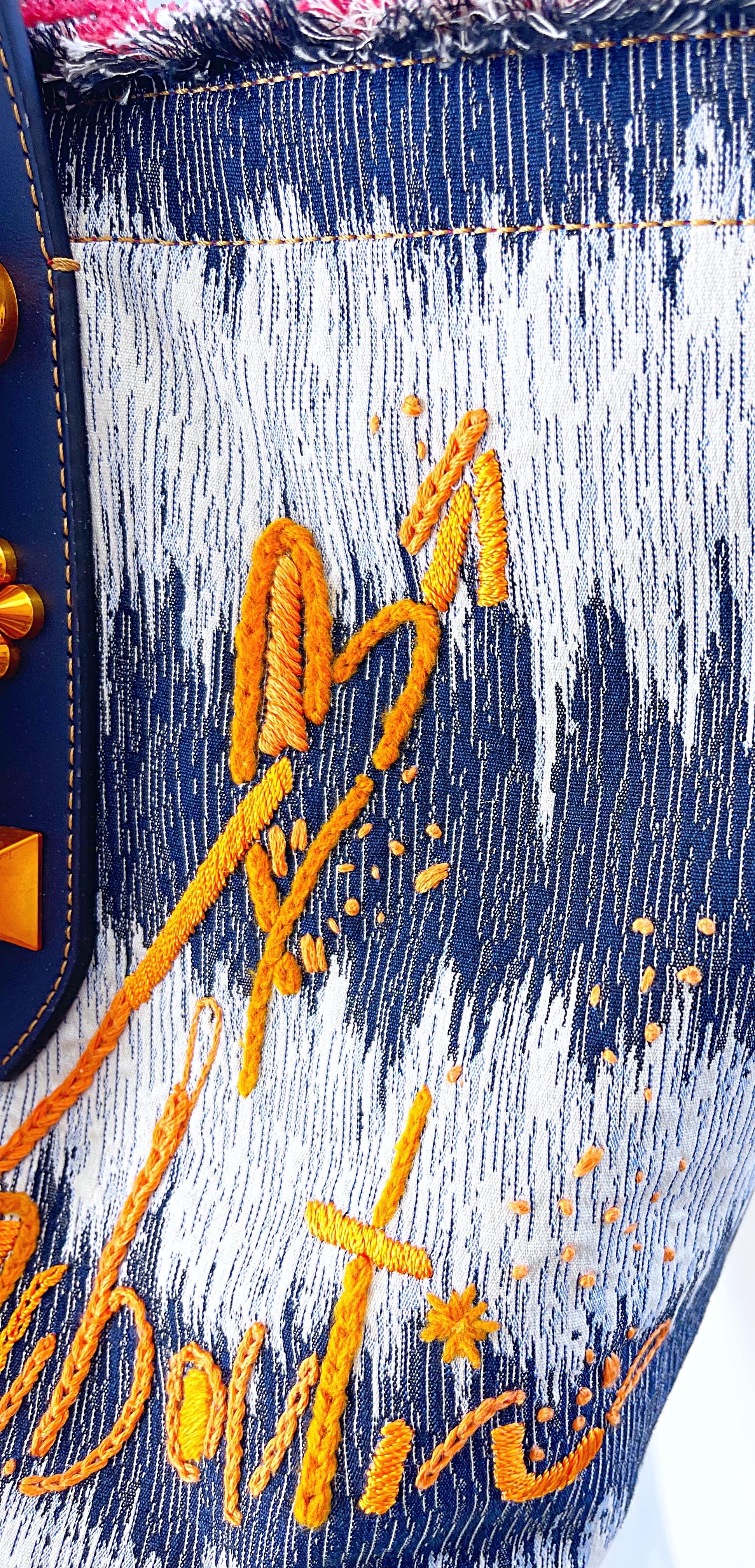 New Christian Louboutin Blue Jean Denim + White Studded Large Shoulder Tote Bag For Sale 4