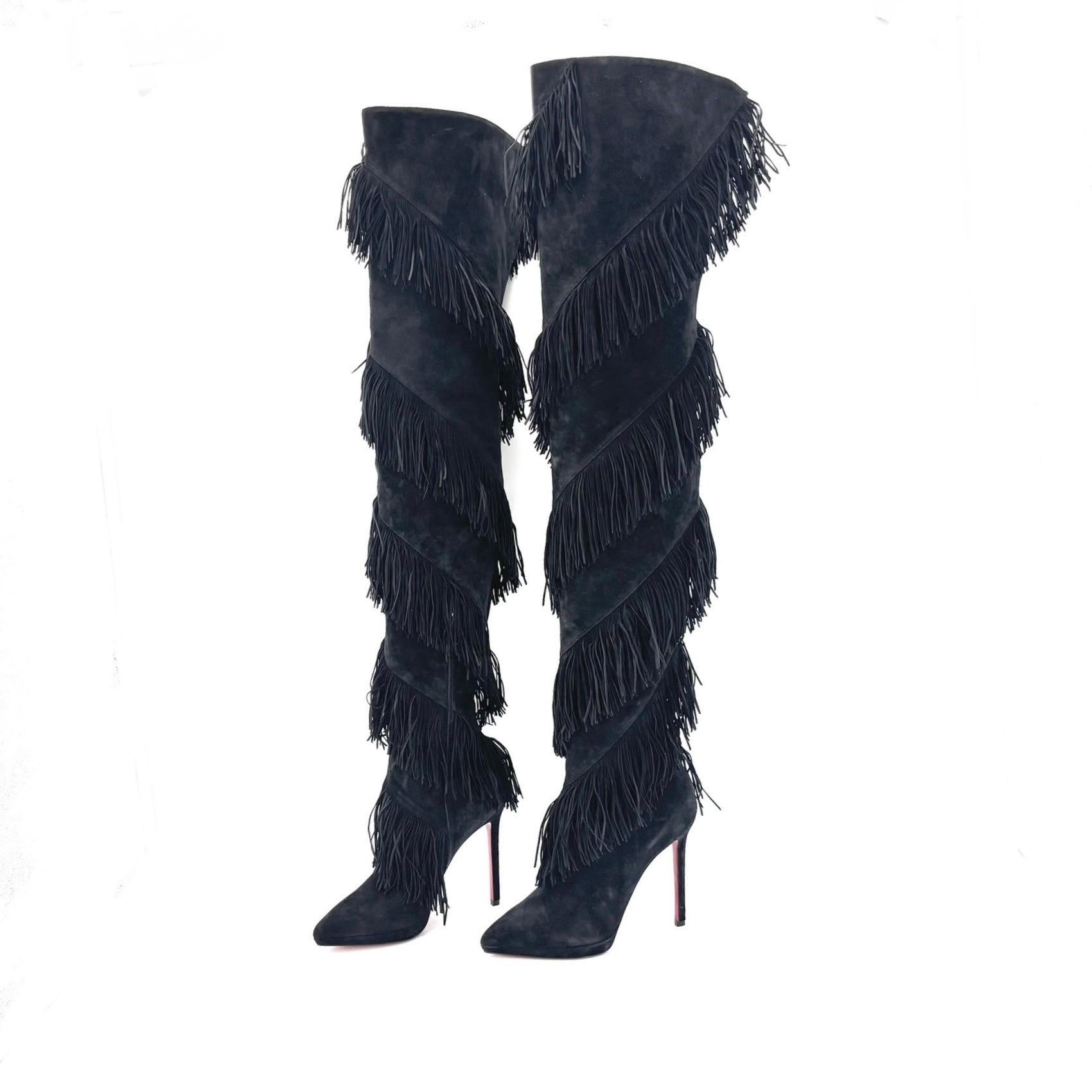 NEW Christian Louboutin Bolcheva 120 Fringe Over The Knee Pointed Toe Boots 38.5