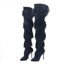 NEW Christian Louboutin Bolcheva 120 Fringe Over The Knee Pointed Toe Boots 38.5