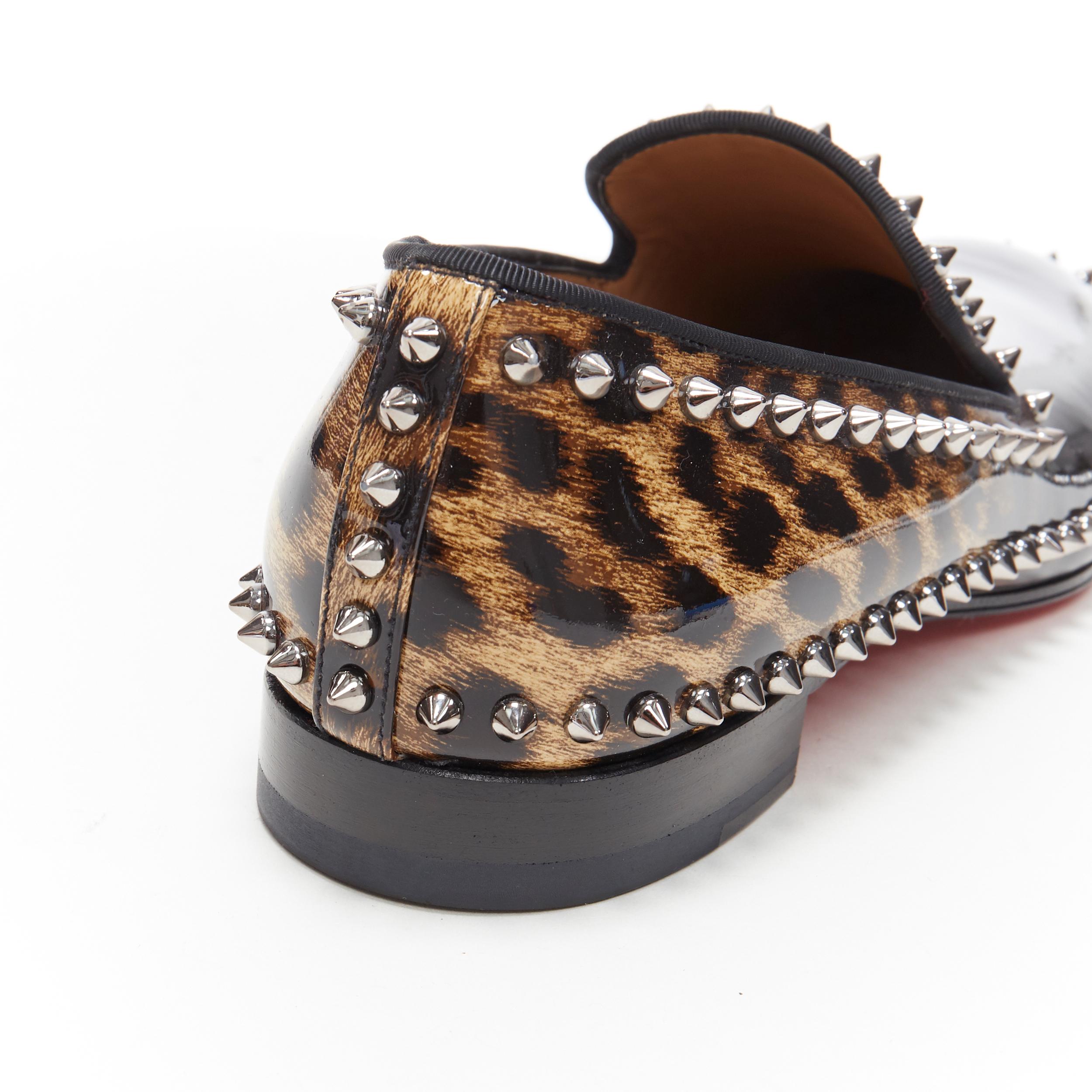 new CHRISTIAN LOUBOUTIN Casanopump black leopard patent spike stud loafer EU43.5 5