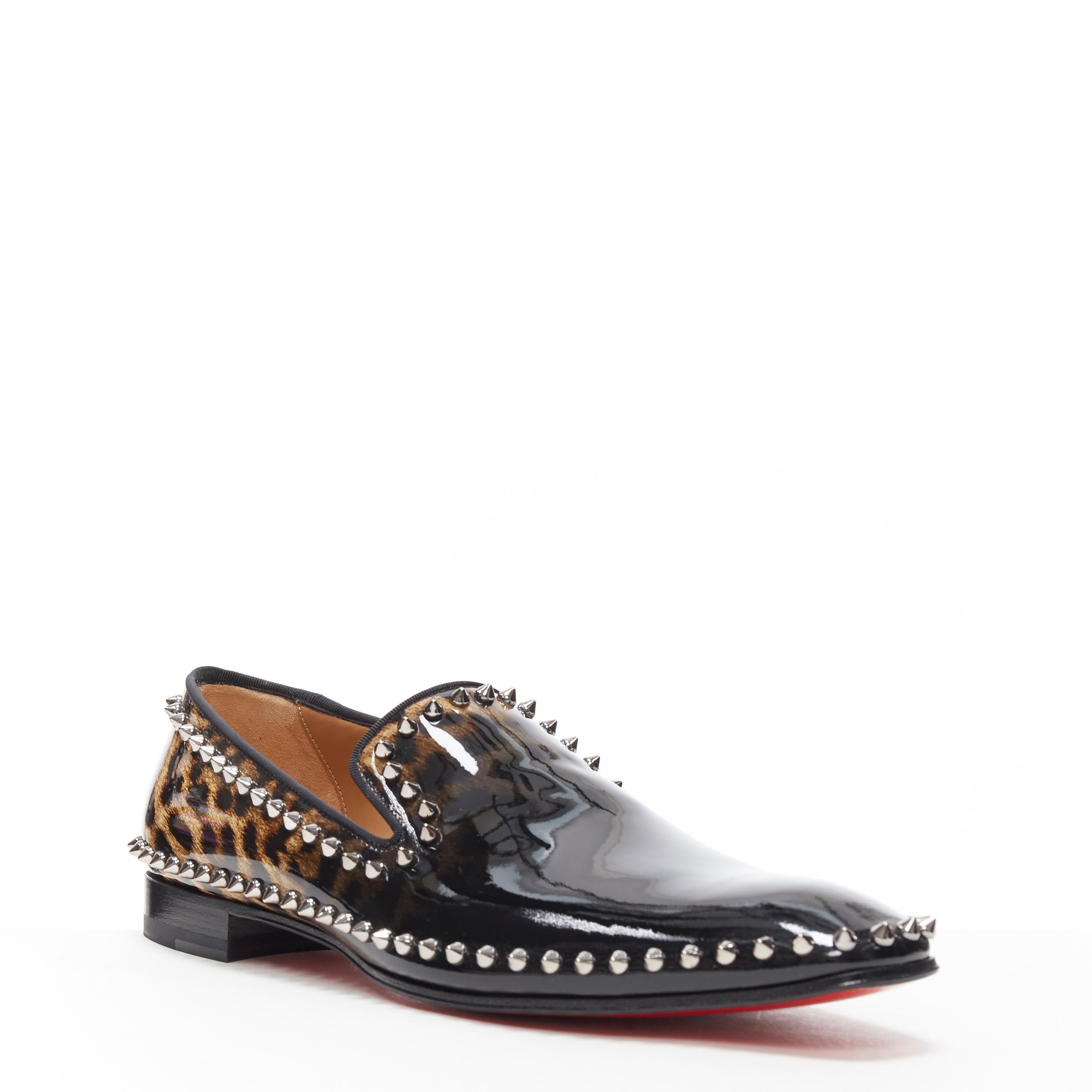 new CHRISTIAN LOUBOUTIN Casanopump black leopard patent spike stud loafer EU43.5
Brand: Christian Louboutin
Designer: Christian Louboutin
Model Name / Style: Casanopump
Material: Patent leather
Color: Black
Pattern: Animal Print
Closure: Slip