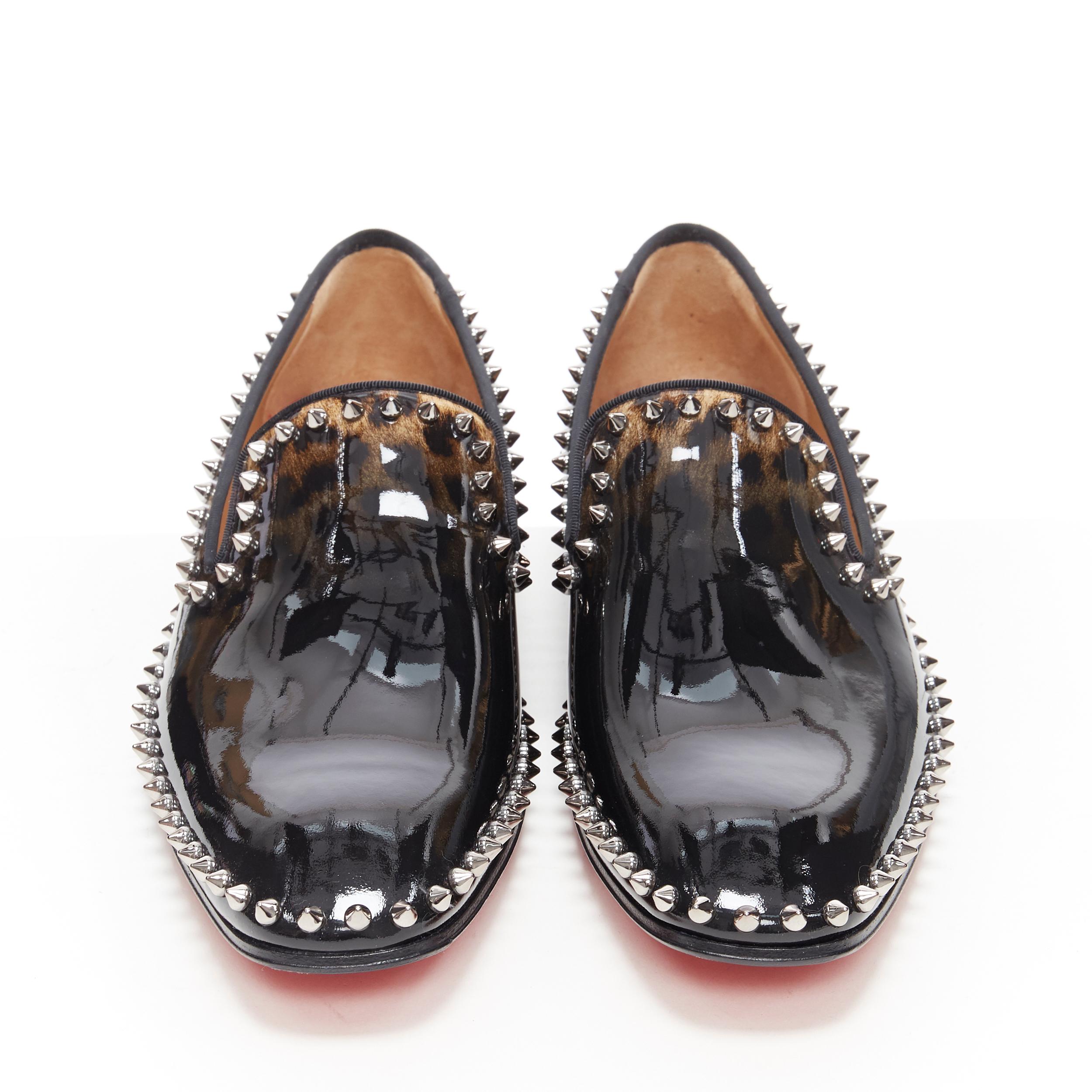 Black new CHRISTIAN LOUBOUTIN Casanopump black leopard patent spike stud loafer EU43.5