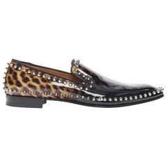 new CHRISTIAN LOUBOUTIN Casanopump black leopard patent spike stud loafer EU43.5