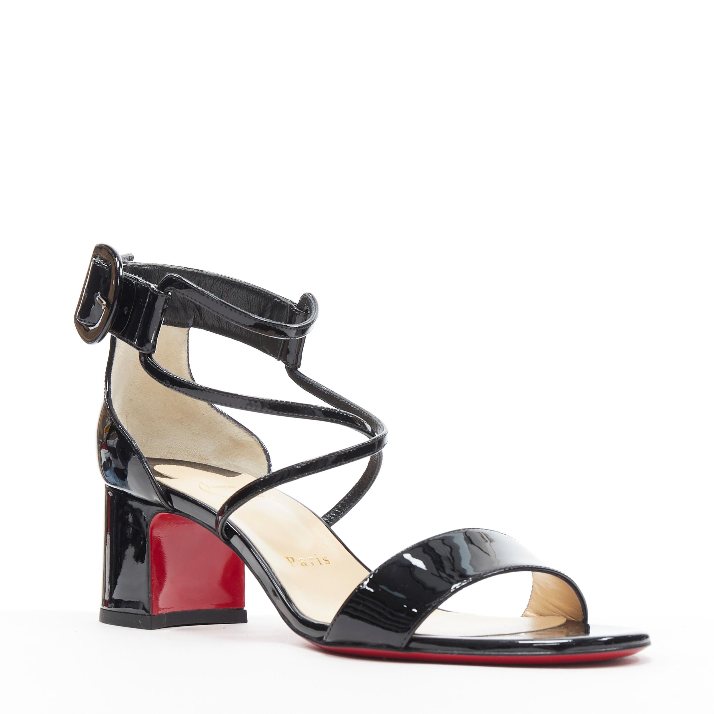 new CHRISTIAN LOUBOUTIN Choca 55 black patent strappy block heel sandal EU39.5
Brand: Christian Louboutin
Designer: Christian Louboutin
Model Name / Style: Choca 55
Material: Patent leather
Color: Black
Pattern: Solid
Closure: Buckle
Extra Detail: