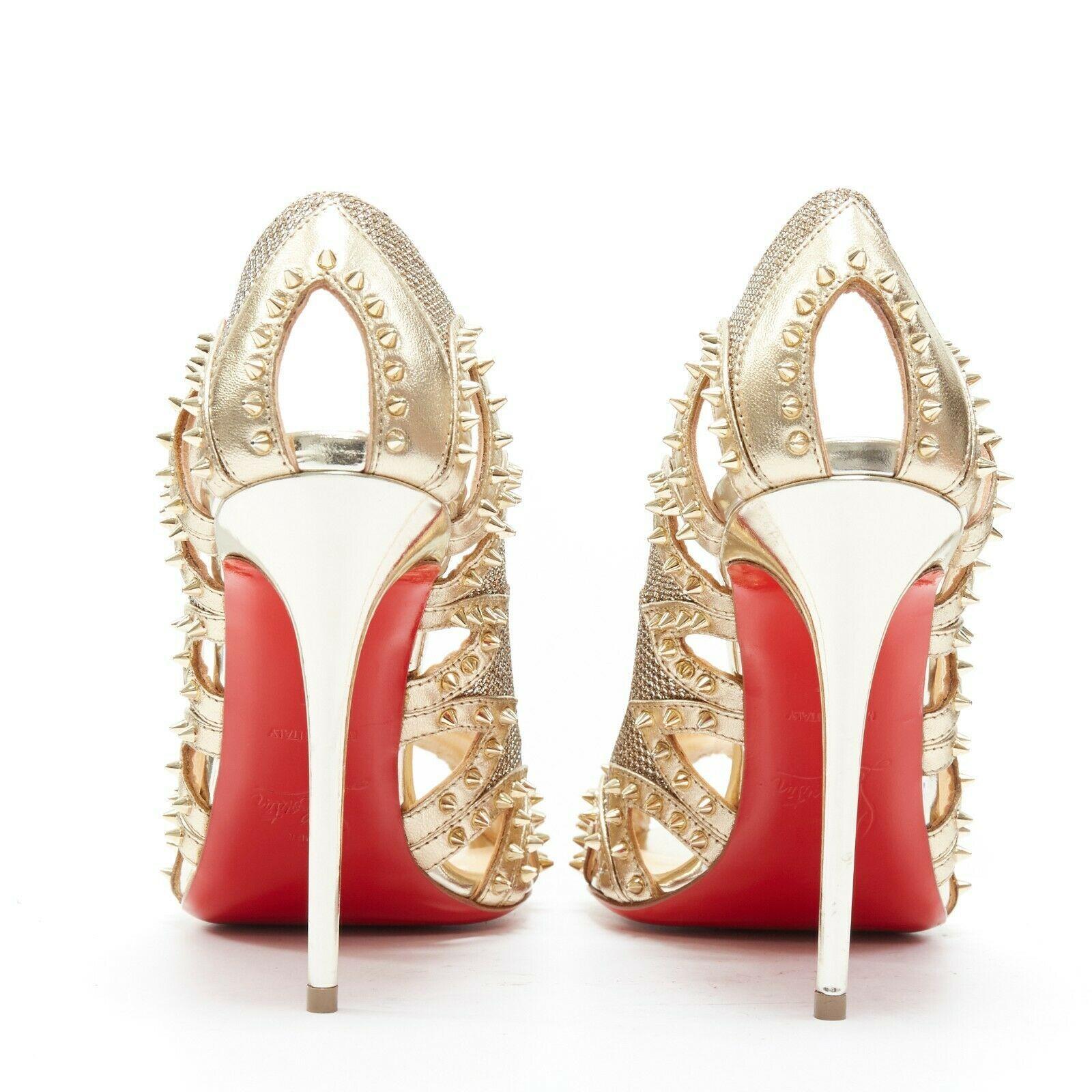 new CHRISTIAN LOUBOUTIN Circus City gold glitter spike cut out peep toe EU37 In Good Condition In Hong Kong, NT