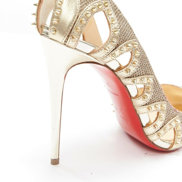 new CHRISTIAN LOUBOUTIN Circus City gold glitter spike cut out peep toe ...