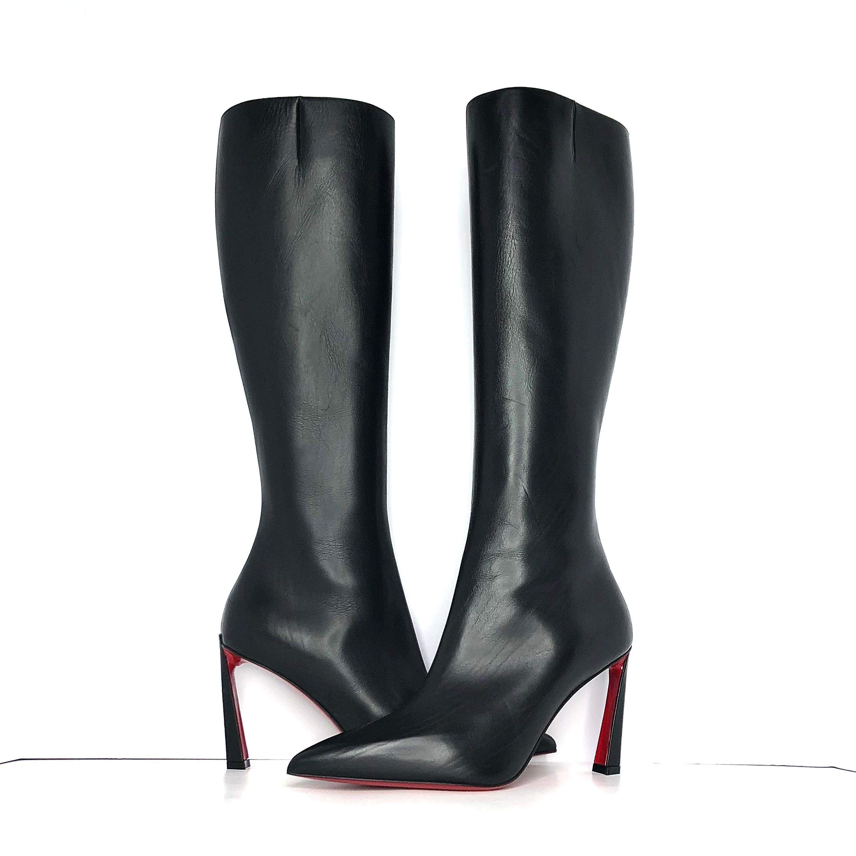 Christian Louboutin Condora Botta
New, no original box (areas of indentation on leather as shown)
Color Black
Size 37EU
Calf leather upper
Leather lined
Signature red leather sole
Pointed toe
Hidden side full zip
Knee high shaft height
High