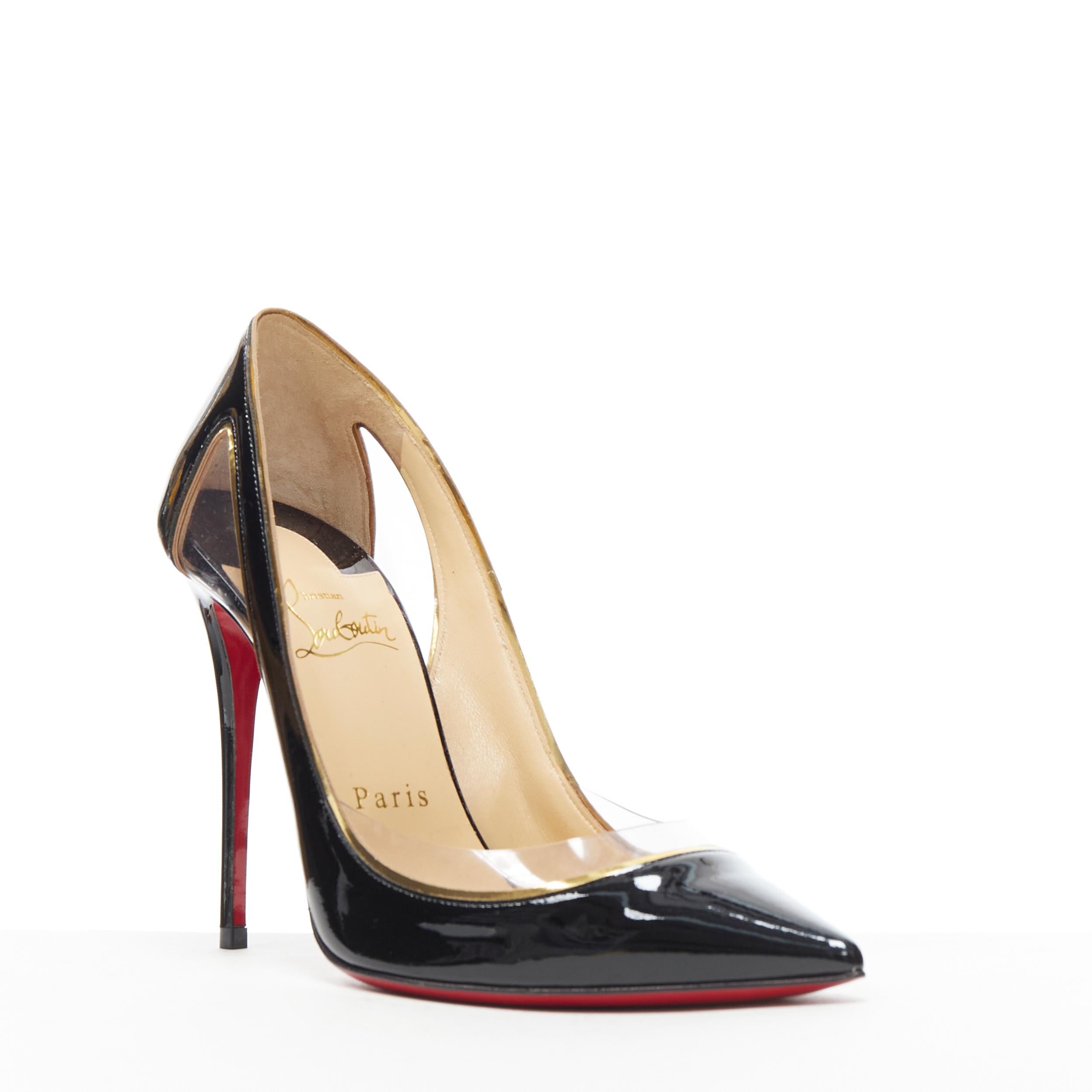 new CHRISTIAN LOUBOUTIN Cosmo 554 black patent gold PVC trimmed Pigalle EU37.5 
Reference: TGAS/B00131 
Brand: Christian Louboutin 
Designer: Christian Louboutin 
Model: Cosmo 554 
Material: Patent leather 
Color: Black 
Pattern: Solid 
Closure: Zip
