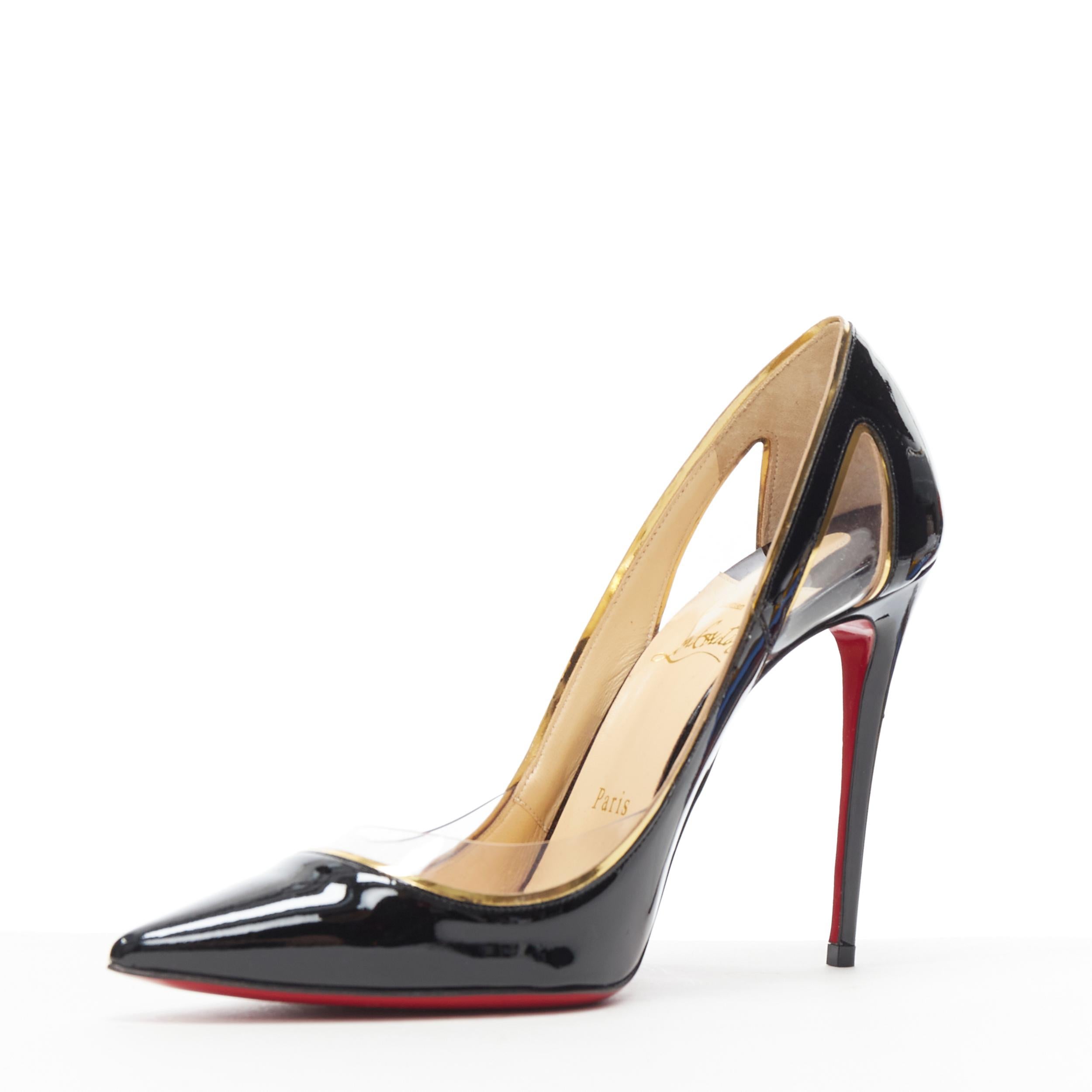 new CHRISTIAN LOUBOUTIN Cosmo 554 black patent gold PVC trimmed Pigalle EU37.5 In New Condition For Sale In Hong Kong, NT