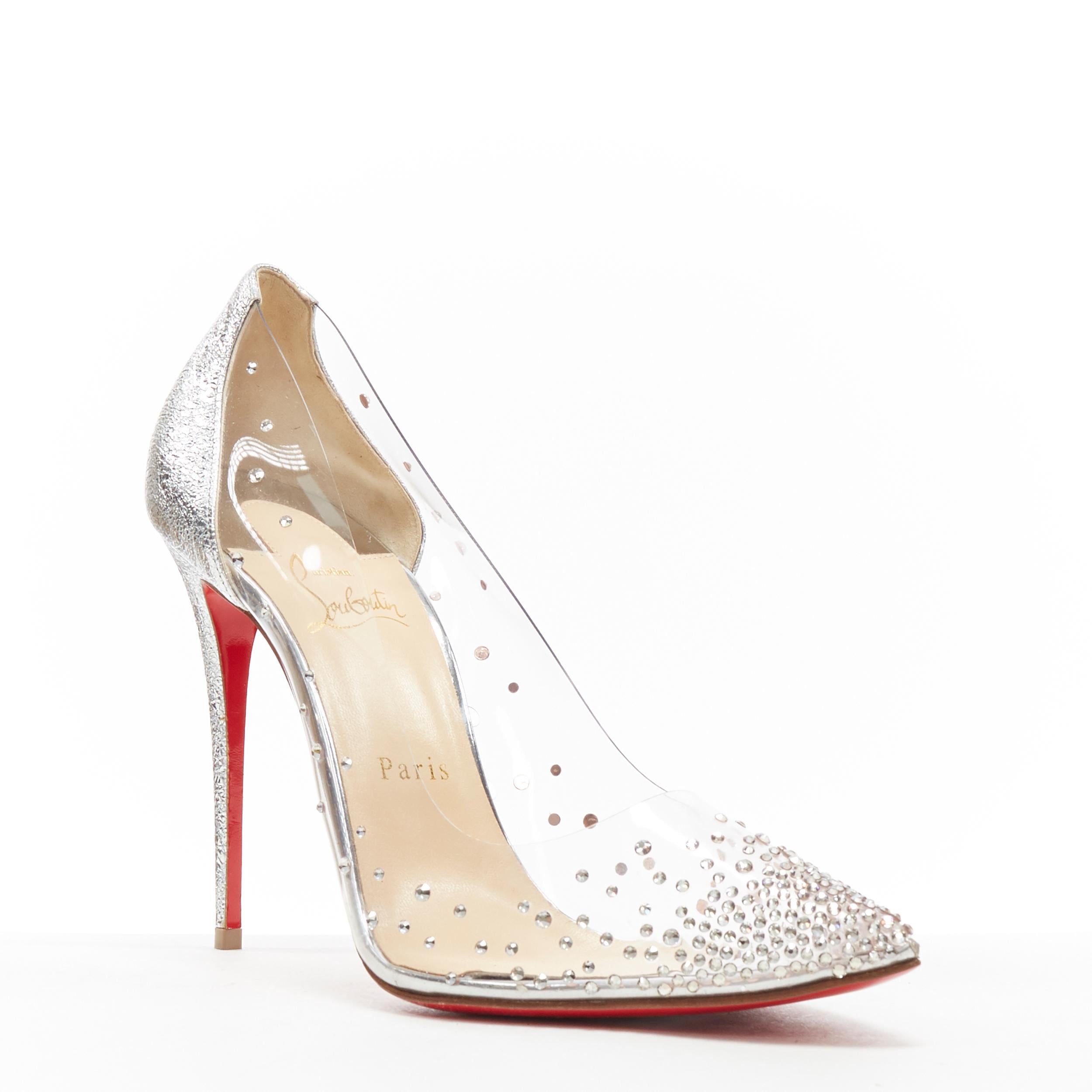 new CHRISTIAN LOUBOUTIN Degrastrass 100 clear PVC silver strass bridal pump EU40
Brand: Christian Louboutin
Designer: Christian Louboutin
Model Name / Style: Degrastrass 100
Material: PVC
Color: Silver
Pattern: Solid
Extra Detail: Style 
Code: