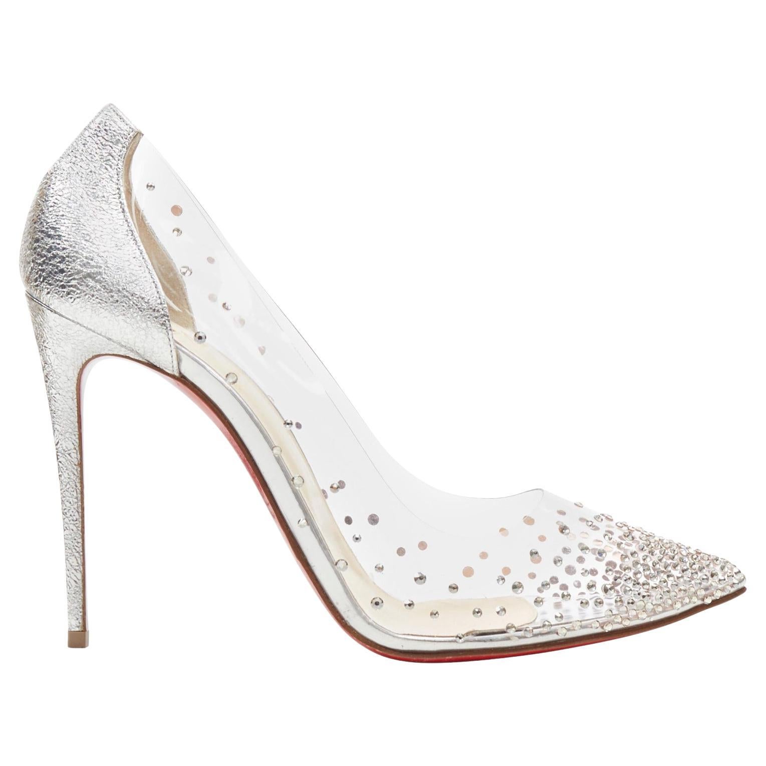 new CHRISTIAN LOUBOUTIN Degrastrass 100 clear PVC silver strass bridal pump EU40 For Sale