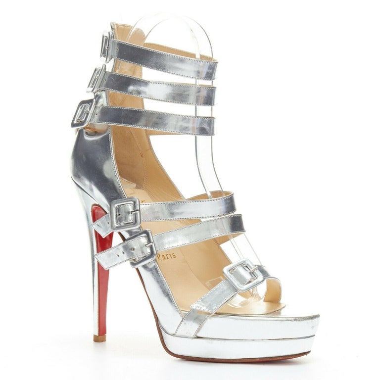 new CHRISTIAN LOUBOUTIN Differa 140 silver multi strap platform heels  EU38.5 at 1stDibs | differa., rockstud flatform sandal in calfskin 45mm,  white louboutin platform heels