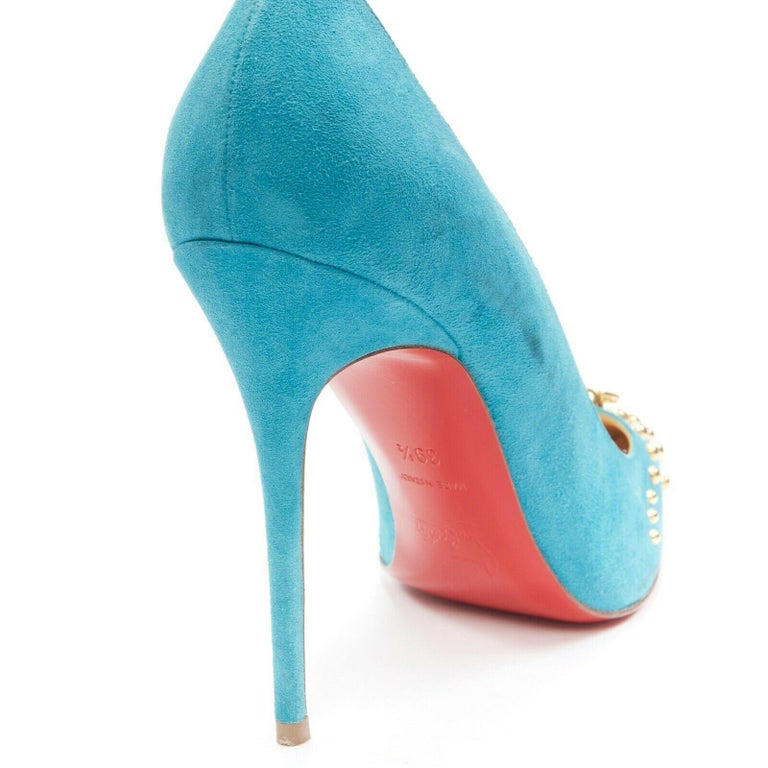 new CHRISTIAN LOUBOUTIN Door Knock 100 teal blue suede gold hardware ...