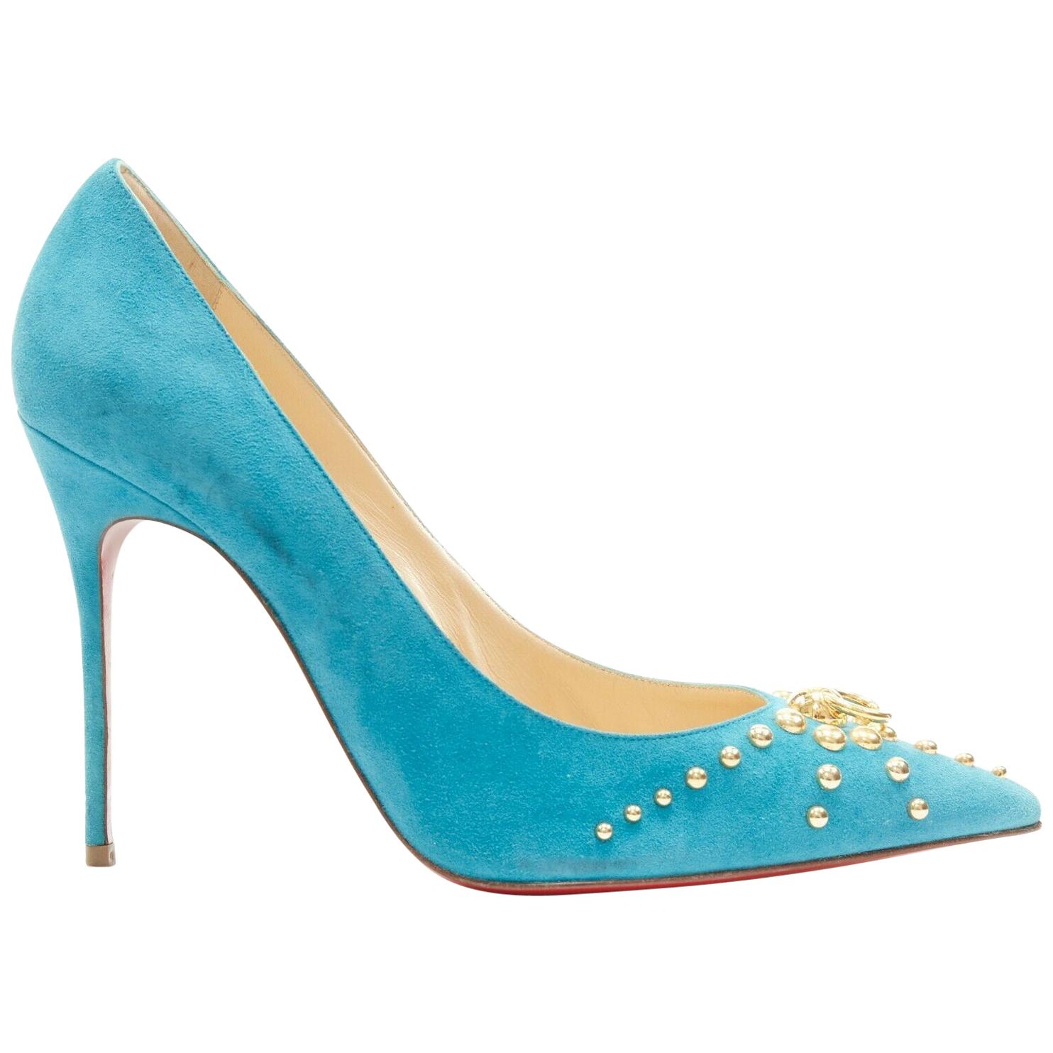 new CHRISTIAN LOUBOUTIN Door Knock 100 teal blue suede gold hardware pump EU39.5