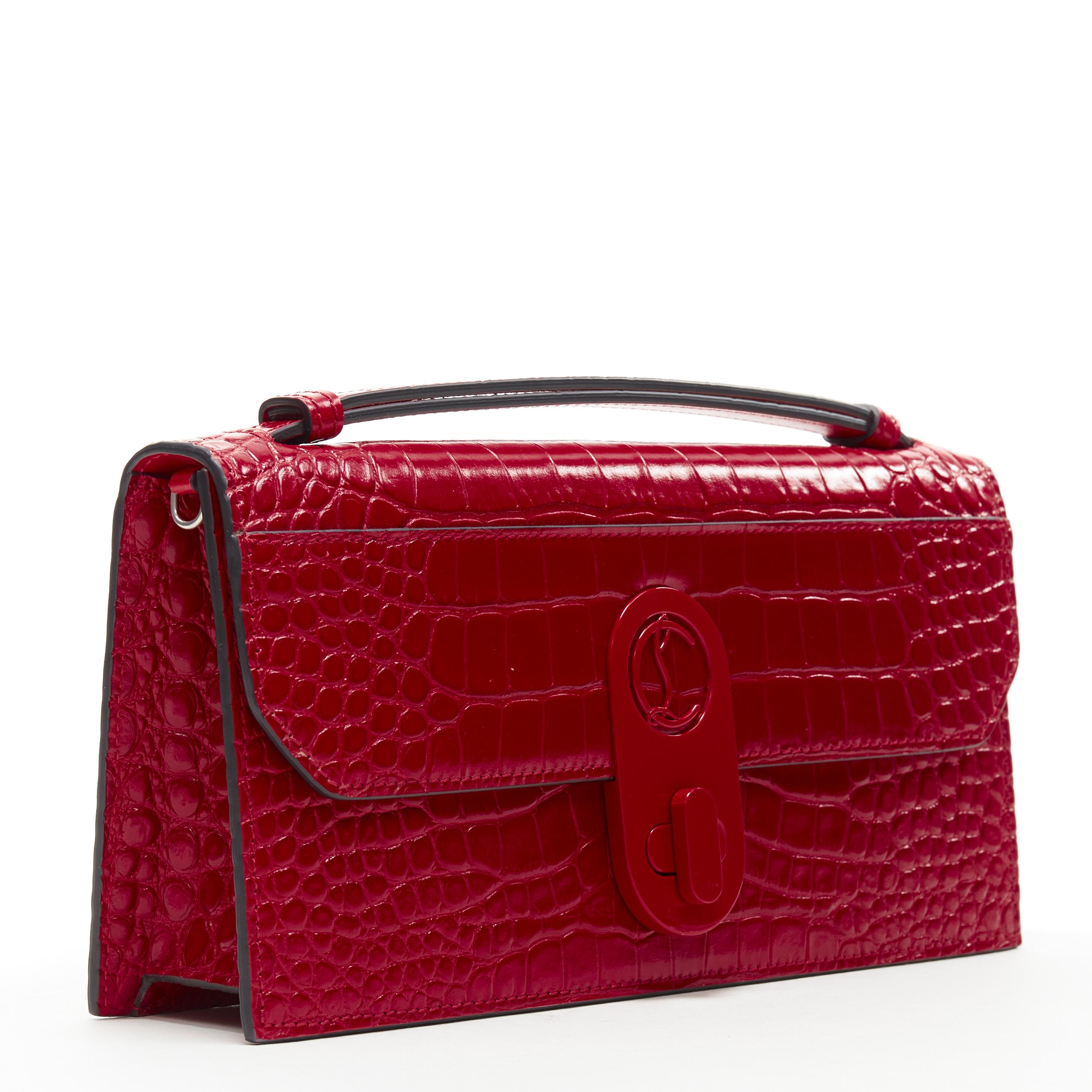 Red new CHRISTIAN LOUBOUTIN Elisa Baguetta stamped croc calf leather clutch bag