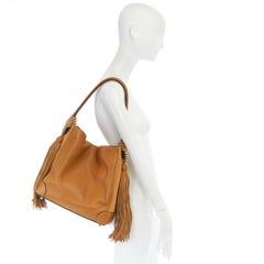 new CHRISTIAN LOUBOUTIN Eloise gold spike stud fringe tan brown leather hobo bag