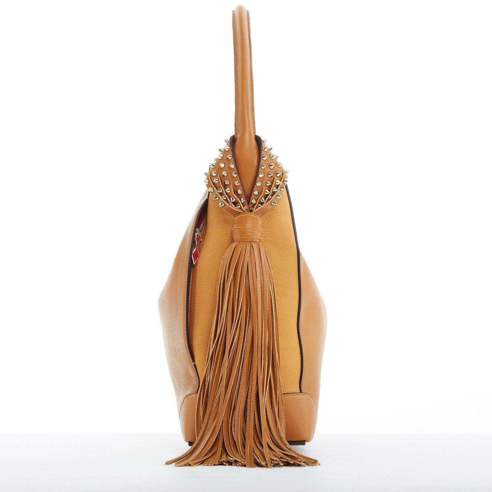 new CHRISTIAN LOUBOUTIN Eloise gold spike stud fringe tan brown leather hobo bag In Good Condition In Hong Kong, NT