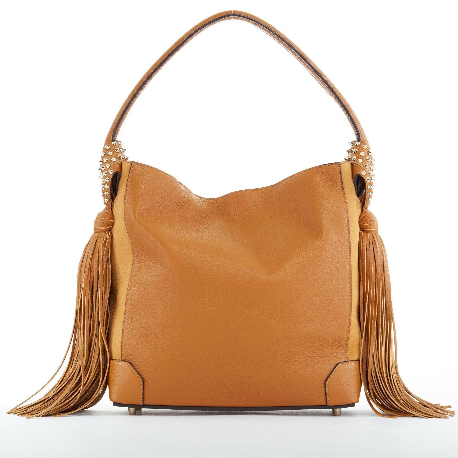 Women's new CHRISTIAN LOUBOUTIN Eloise gold spike stud fringe tan brown leather hobo bag