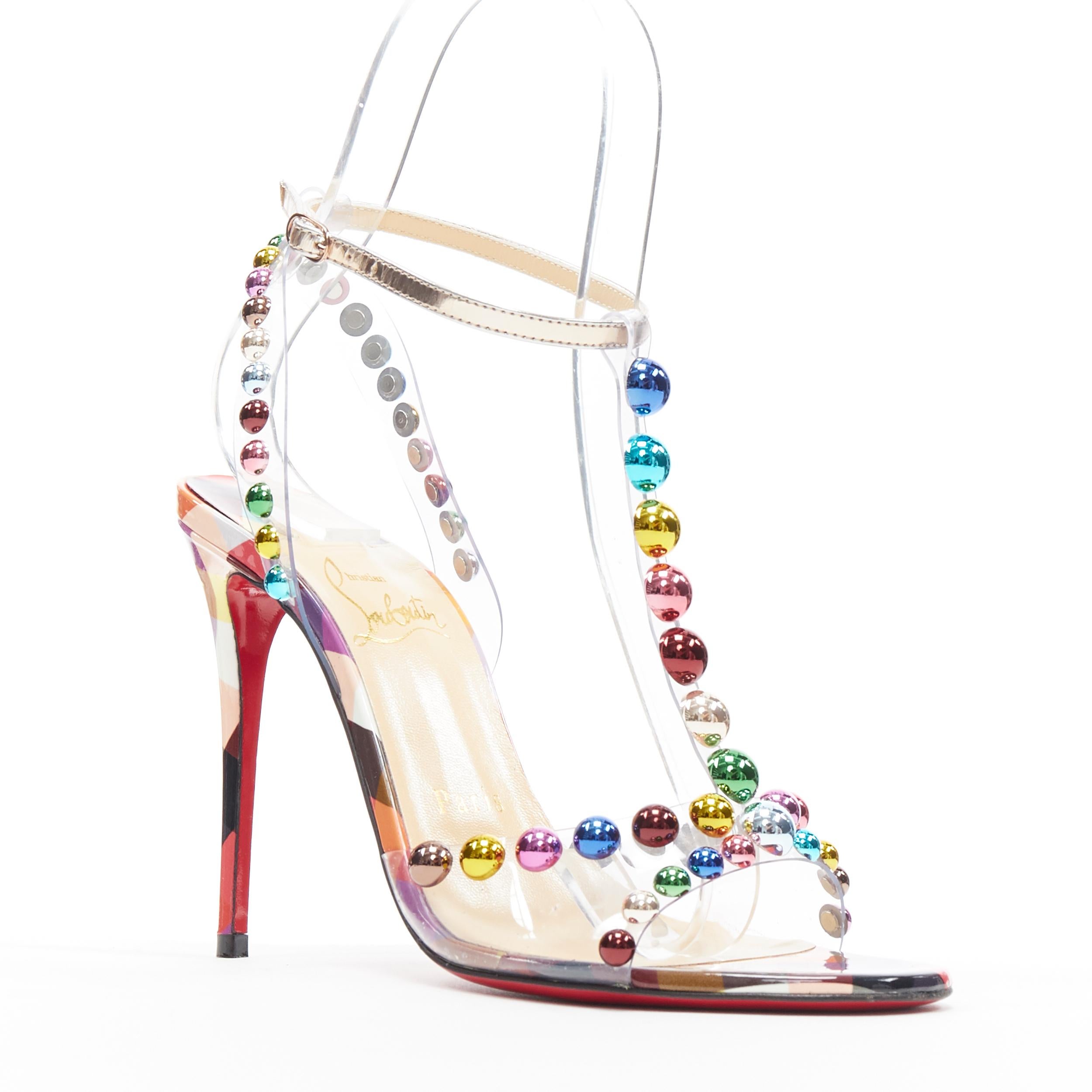 new CHRISTIAN LOUBOUTIN Faridaravie 100 metallic ball stud PVC strappy EU36.5
Brand: Christian Louboutin
Designer: Christian Louboutin
Model Name / Style: Faridaravie 100
Material: PVC
Color: Multicolour
Pattern: Solid
Closure: Ankle strap
Extra