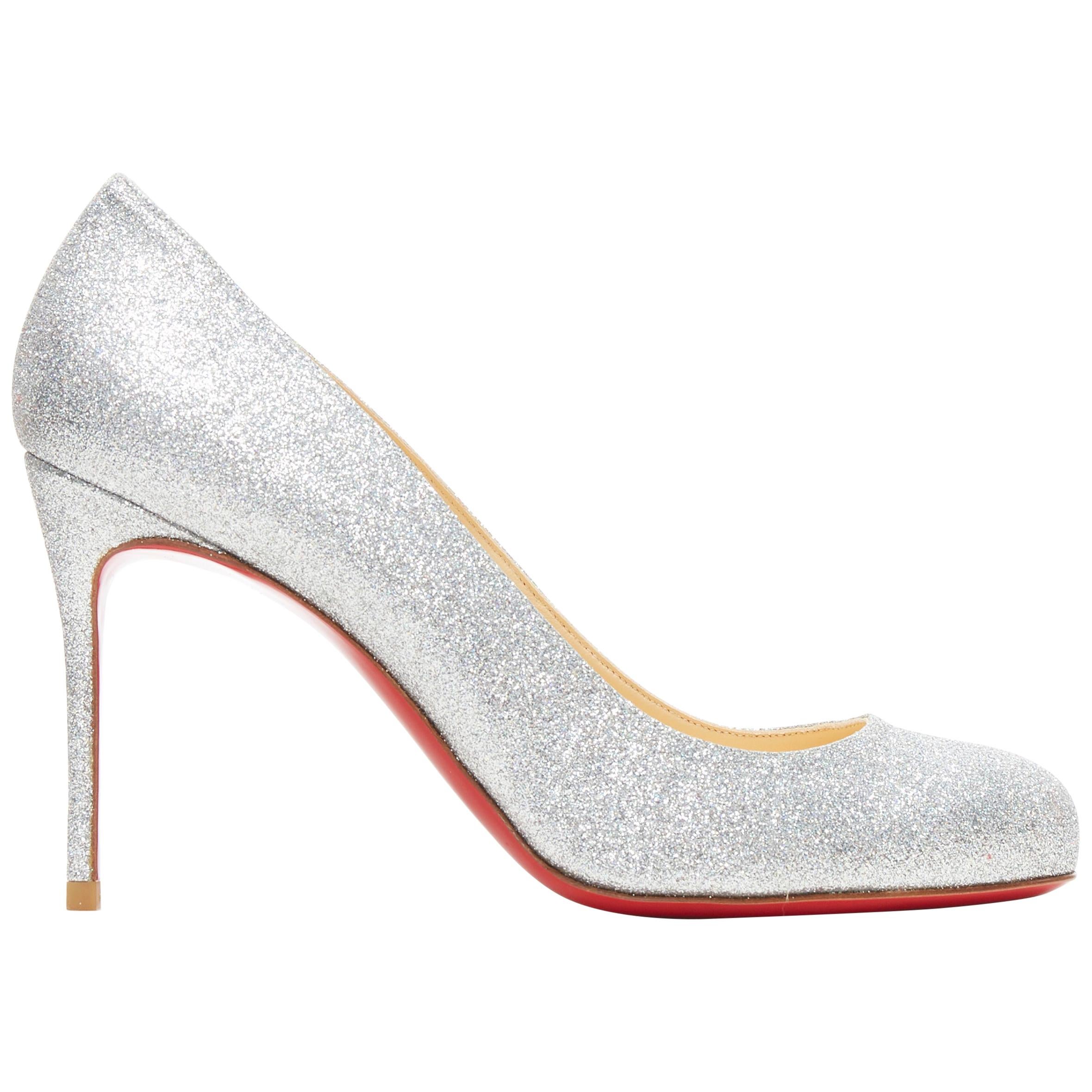 new CHRISTIAN LOUBOUTIN Fifi 85 silver glitter round slim heel pump EU37 For Sale 1stDibs | fifi louboutin