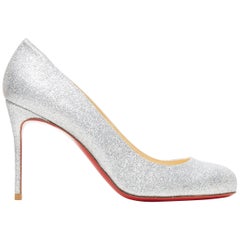 new CHRISTIAN LOUBOUTIN Fifi 85 silver glitter round toe slim heel pump EU37