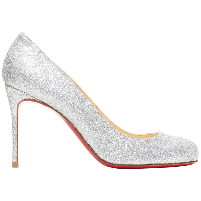 new CHRISTIAN LOUBOUTIN Fifi 85 silver glitter round toe slim heel pump  EU37 at 1stDibs | silver louboutins, silver louboutin heels, christian  louboutin glitter heels