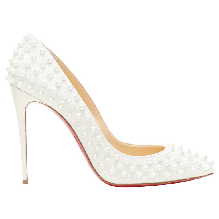 Christian Louboutin Follies Spikes 100 ivory leather pump  White high heel  shoes, White leather pumps, Red sole shoes