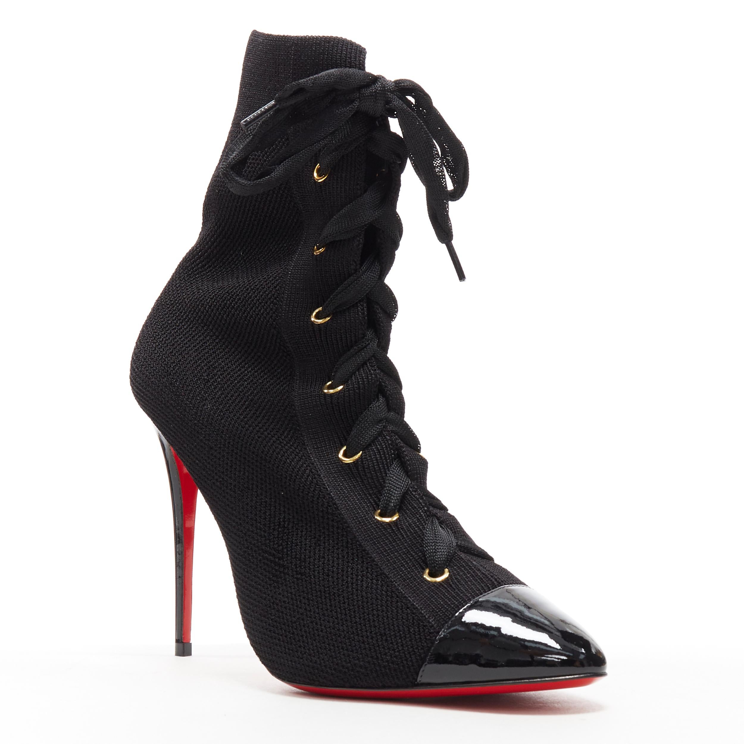 new CHRISTIAN LOUBOUTIN Frenchie 100 black lace up stretch knit sock boot EU37
Brand: Christian Louboutin
Designer: Christian Louboutin
Model Name / Style: Frenchie 100
Material: Fabric
Color: Black
Pattern: Solid
Closure: Lace up
Extra Detail: