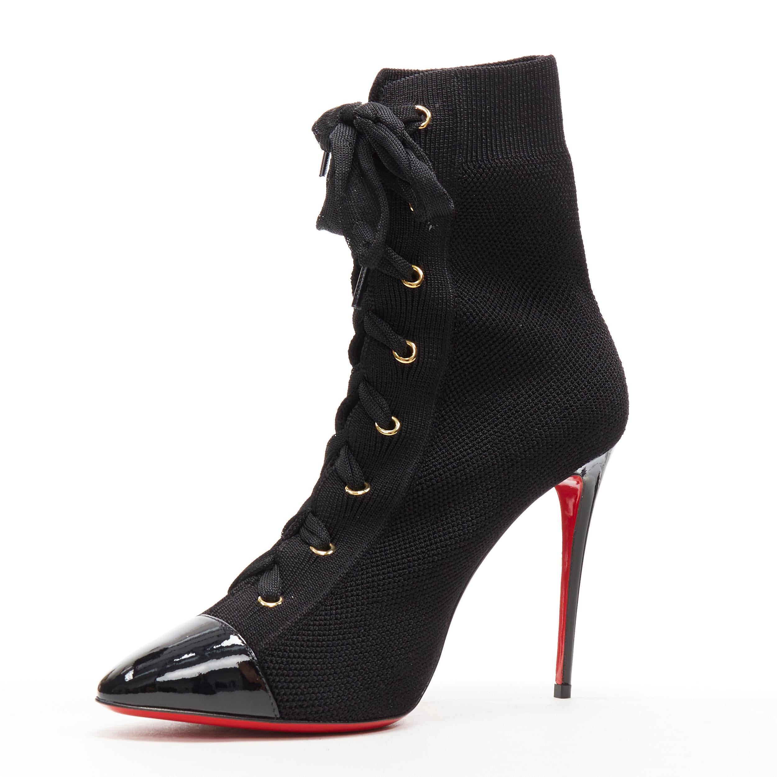 new CHRISTIAN LOUBOUTIN Frenchie 100 black lace up stretch knit sock boot EU37 In New Condition In Hong Kong, NT