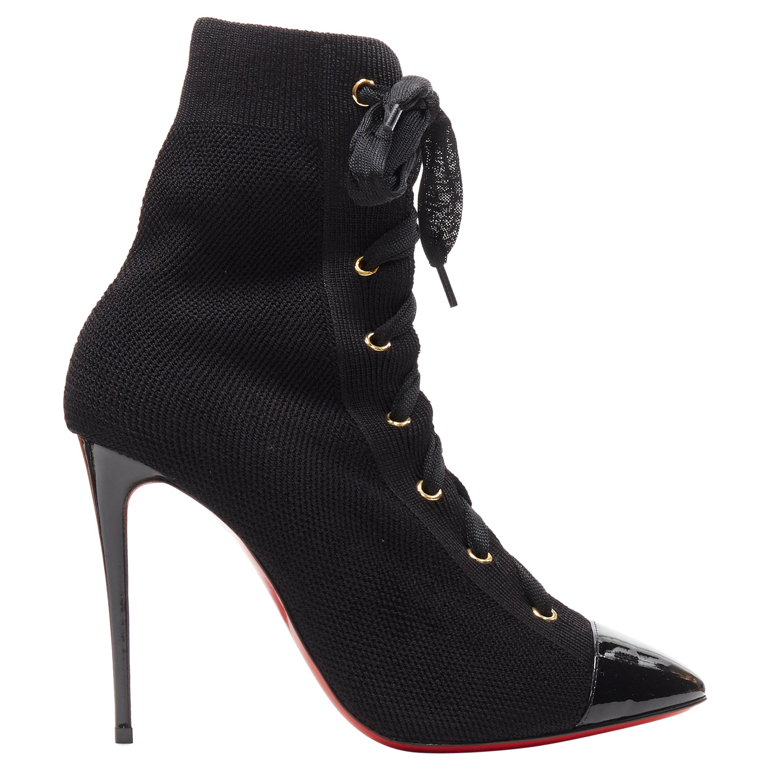 new CHRISTIAN LOUBOUTIN Frenchie 100 black lace up stretch knit sock boot EU37