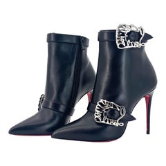NEW Christian Louboutin Giddylina Booty Black Logo Buckle Embellished Boots 37