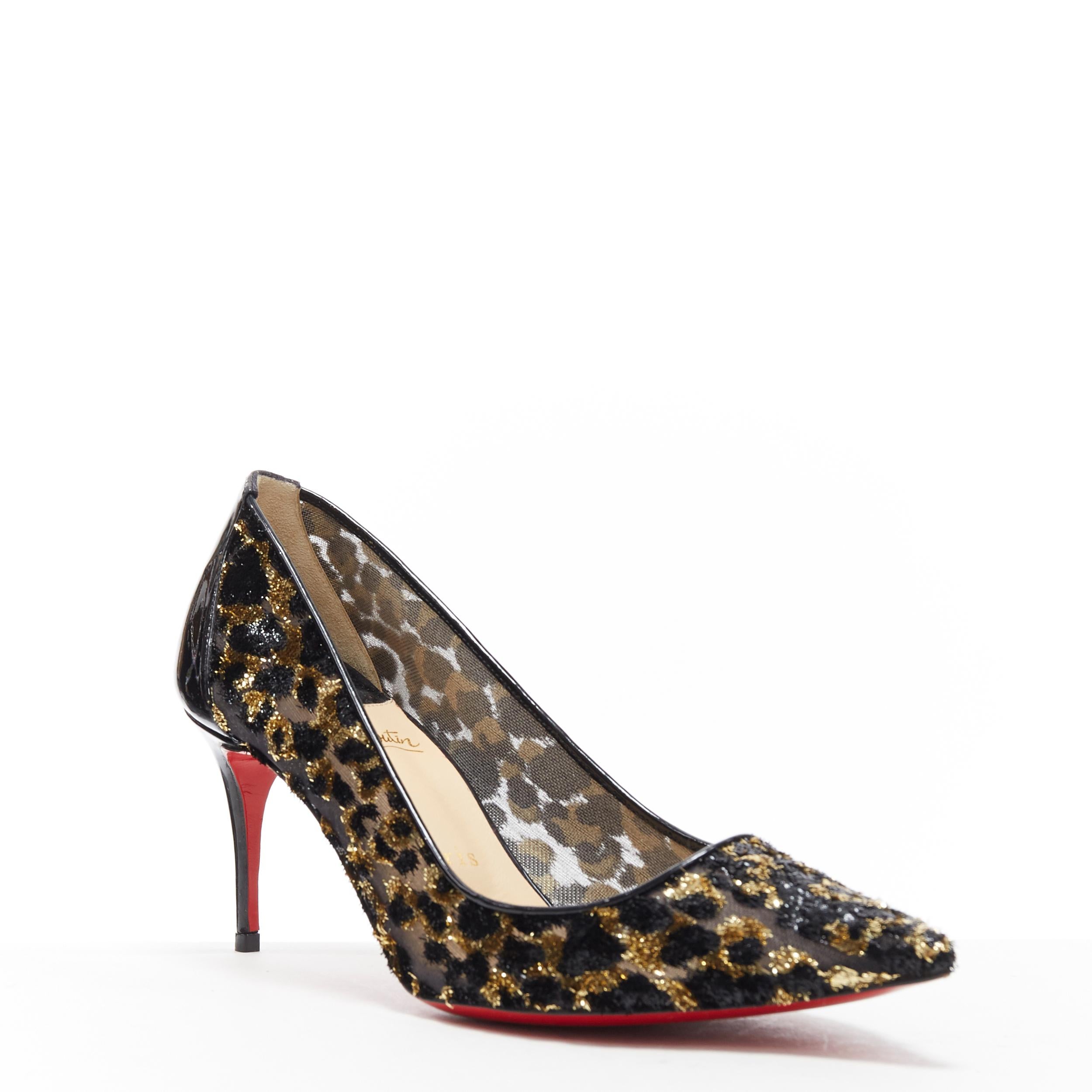 new CHRISTIAN LOUBOUTIN gold black leopard lurex jacquard mesh kitten pump EU38
Brand: Christian Louboutin
Designer: Christian Louboutin
Model Name / Style: Kitten pump
Material: Fabric
Color: Black and gold
Pattern: Animal Print
Closure: Slip