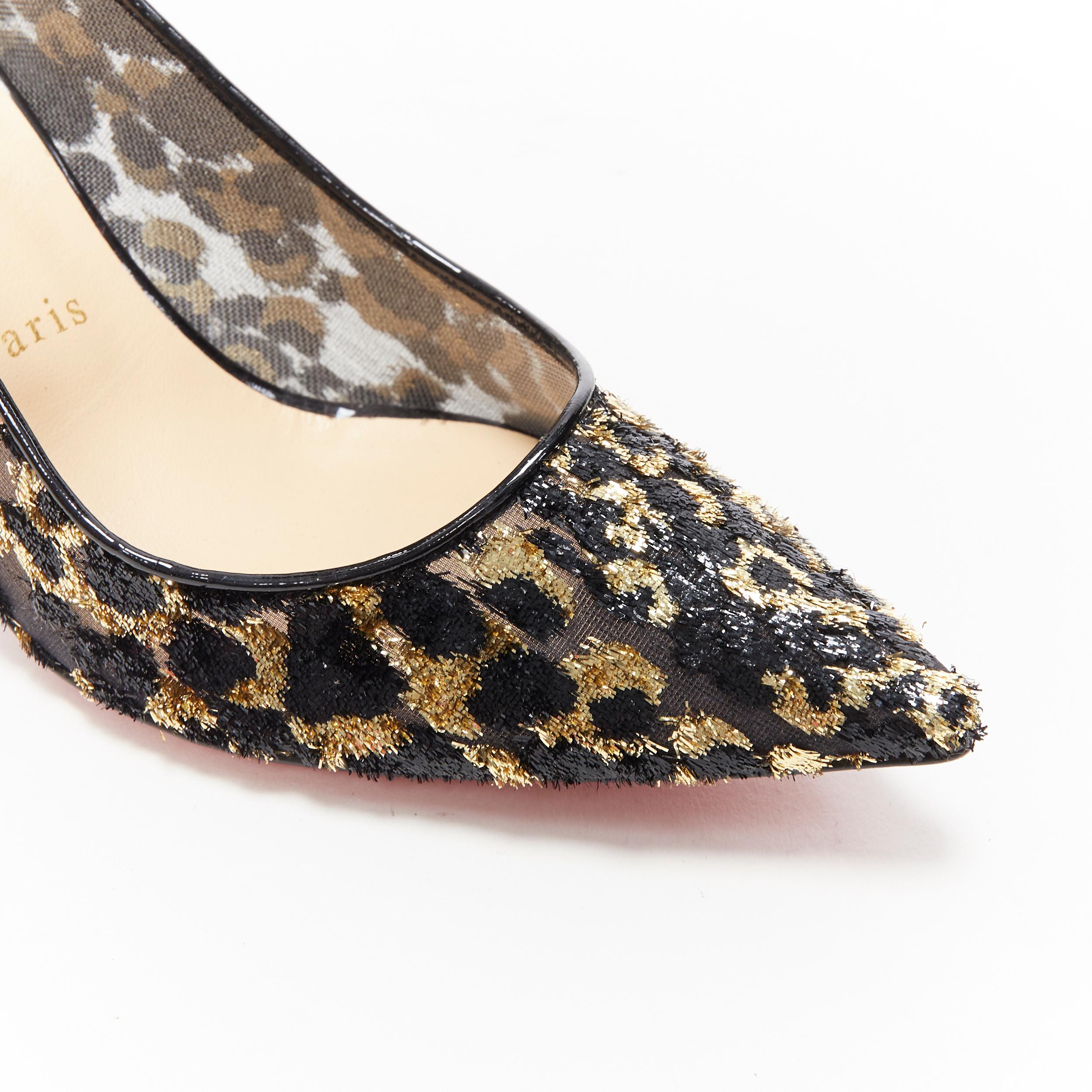 Women's new CHRISTIAN LOUBOUTIN gold black leopard lurex jacquard mesh kitten pump EU38
