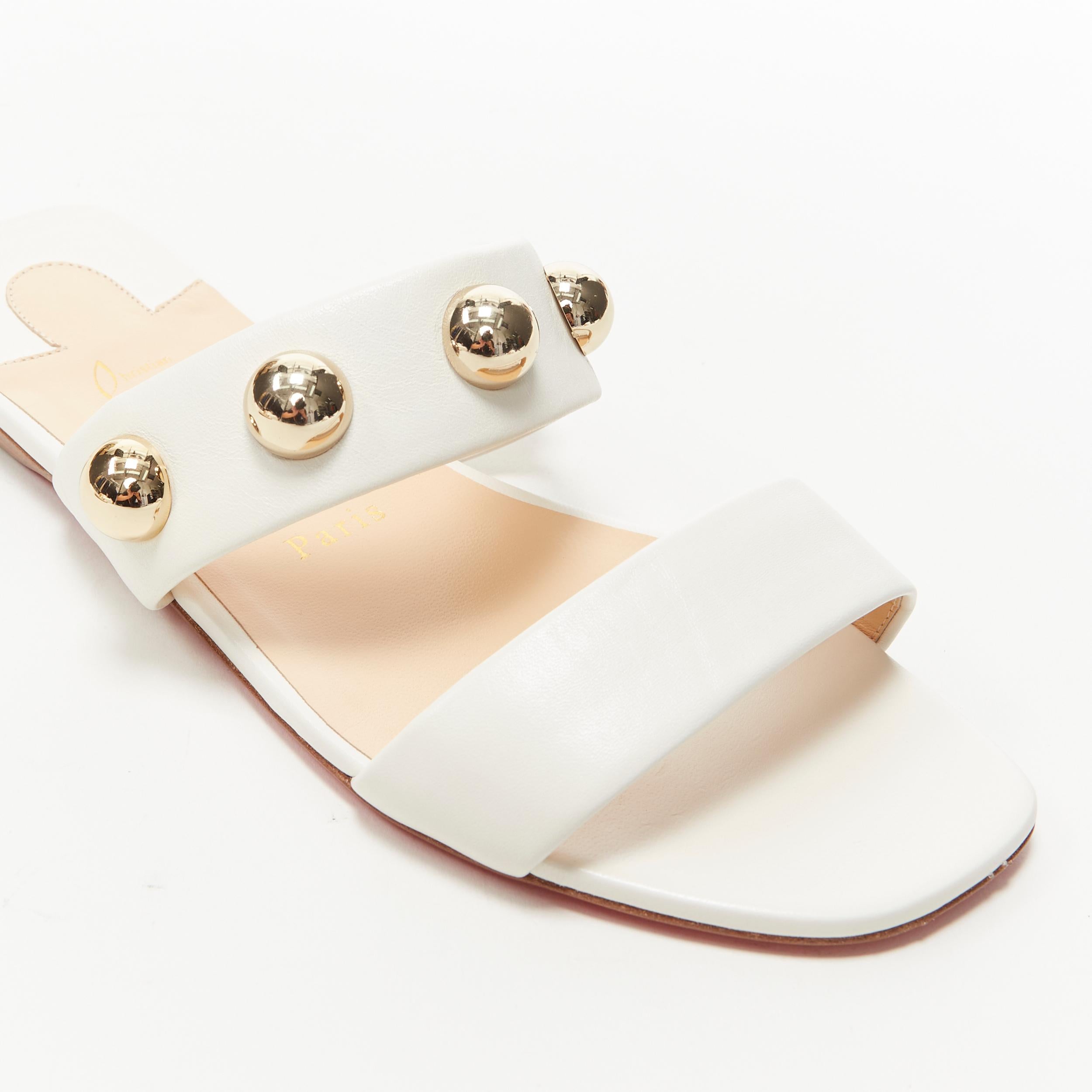 new CHRISTIAN LOUBOUTIN gold dome sphere stud white leather flat sandals EU37.5 3