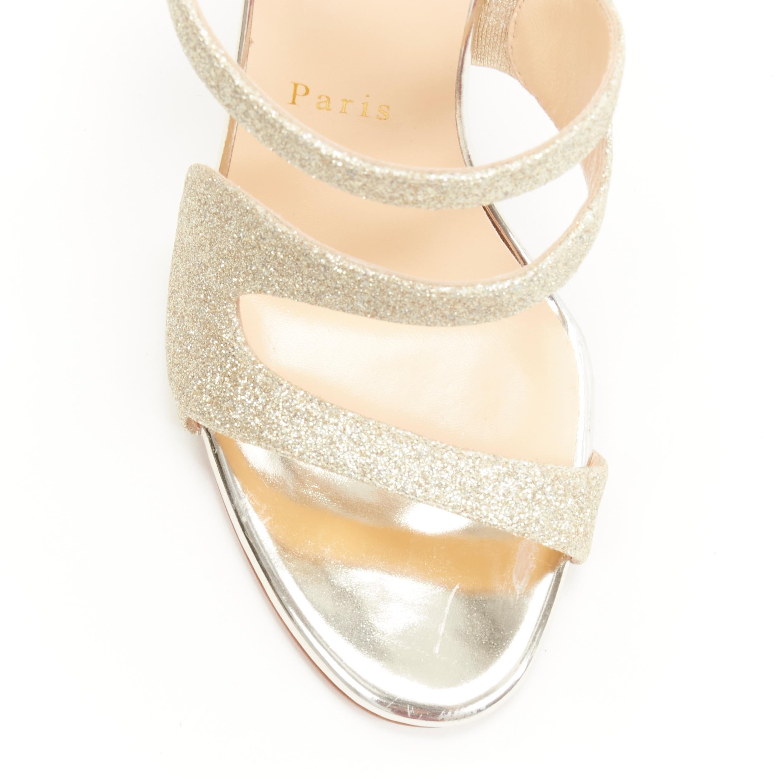 White new CHRISTIAN LOUBOUTIN gold glitter swirly strap sling high heel sandal EU37.5