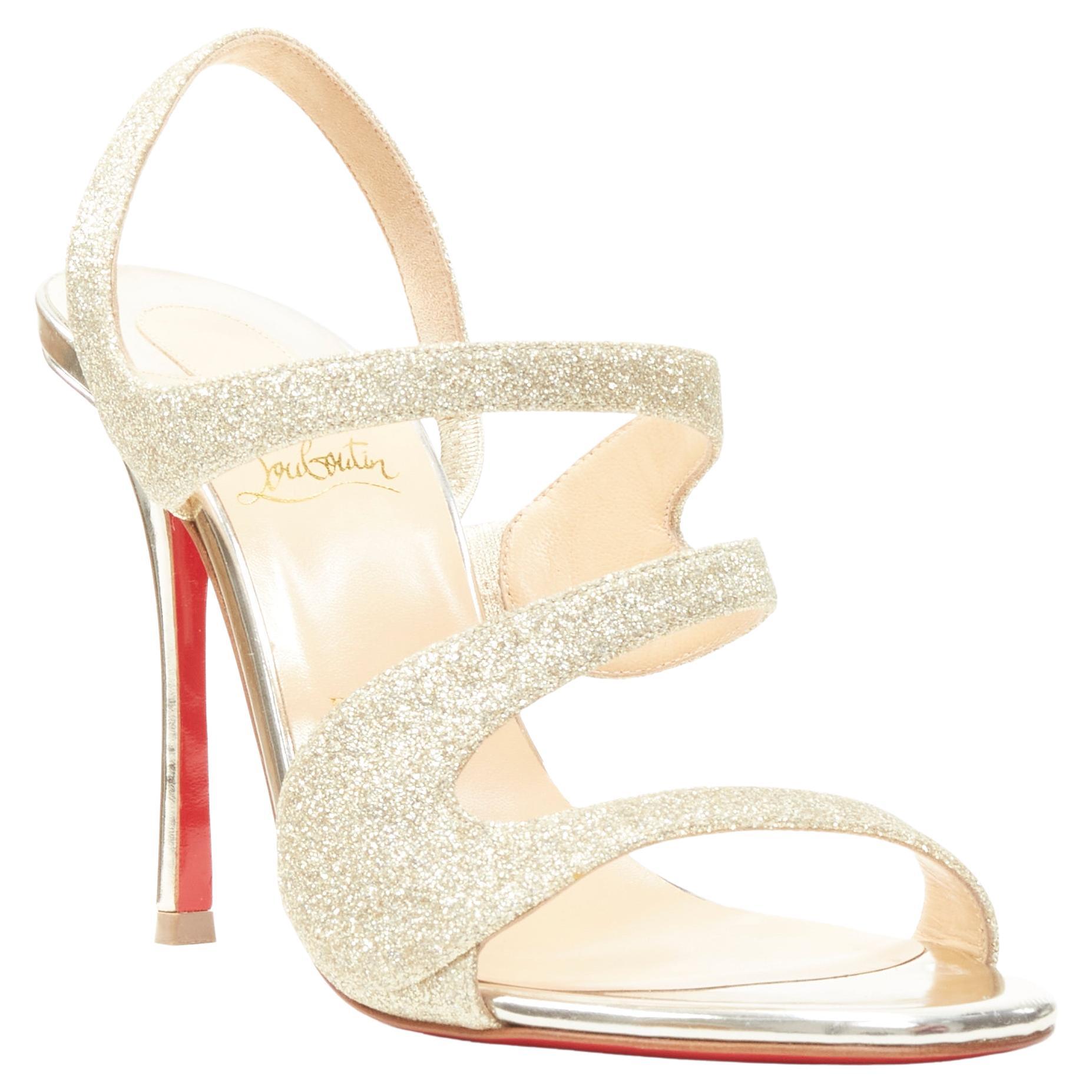 new CHRISTIAN LOUBOUTIN gold glitter swirly strap sling high heel sandal EU37.5