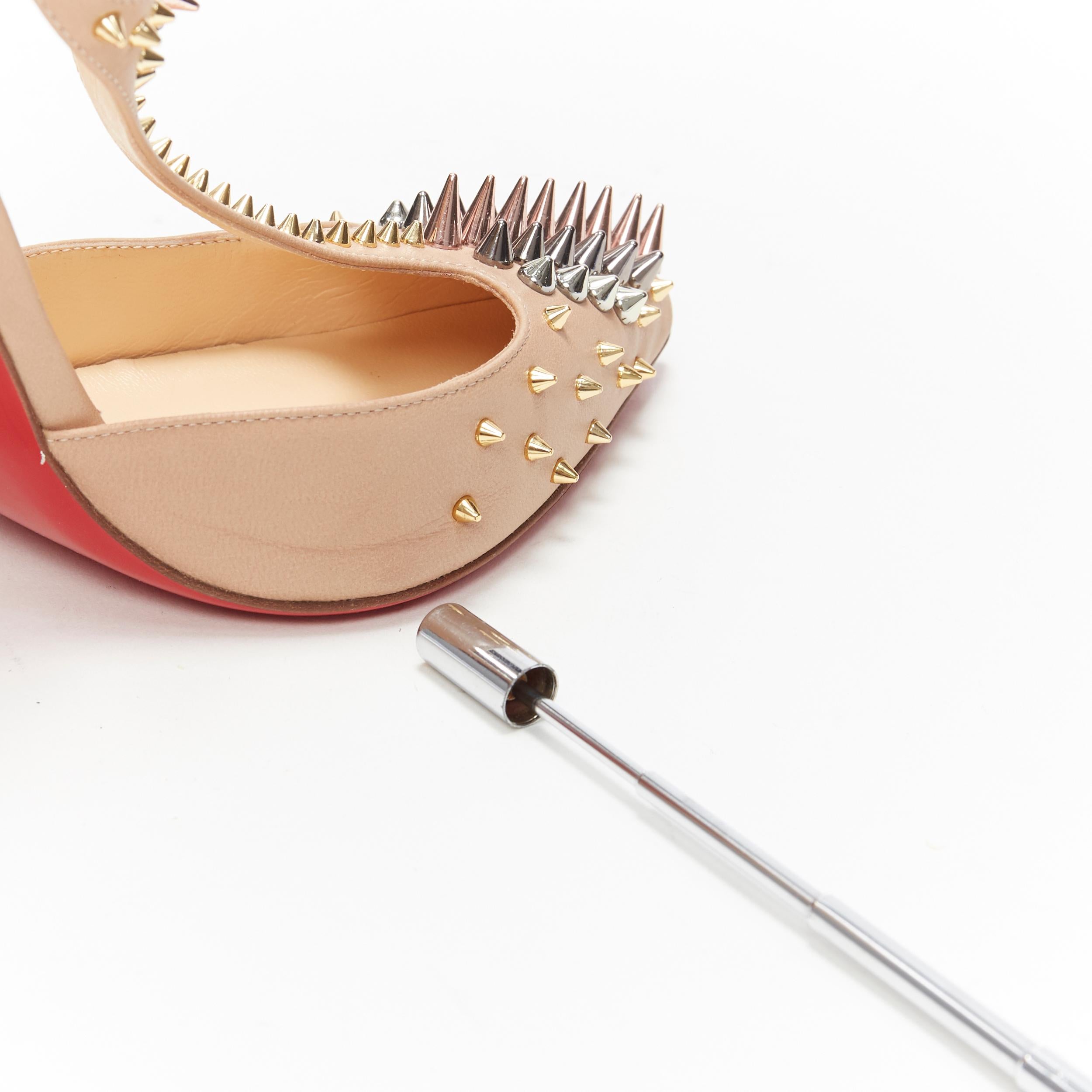 new CHRISTIAN LOUBOUTIN Goldoscrap nude spike stud T-strap pointed pump EU38.5 2