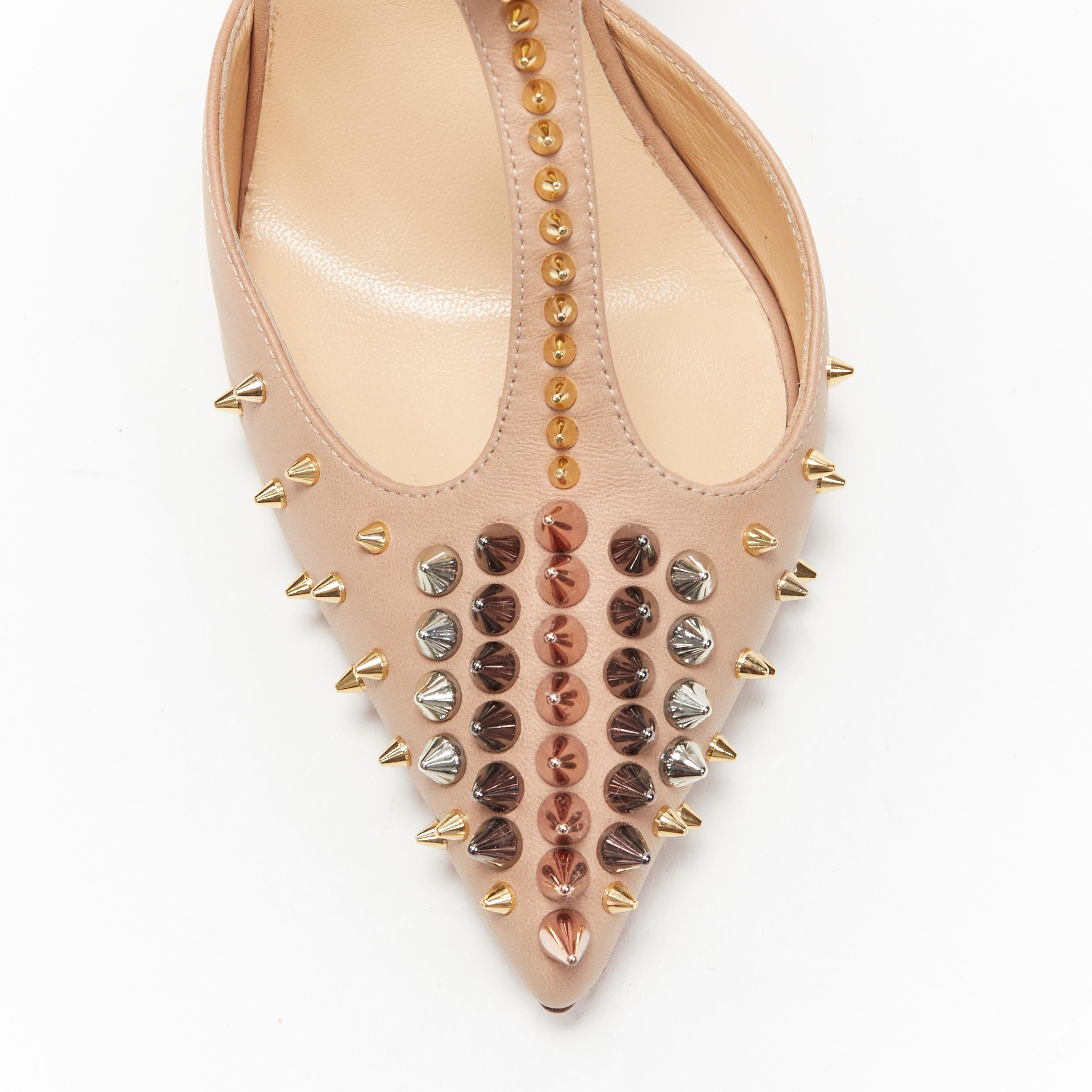 new CHRISTIAN LOUBOUTIN Goldoscrap nude spike stud T-strap pointed pump EU38.5 In New Condition In Hong Kong, NT